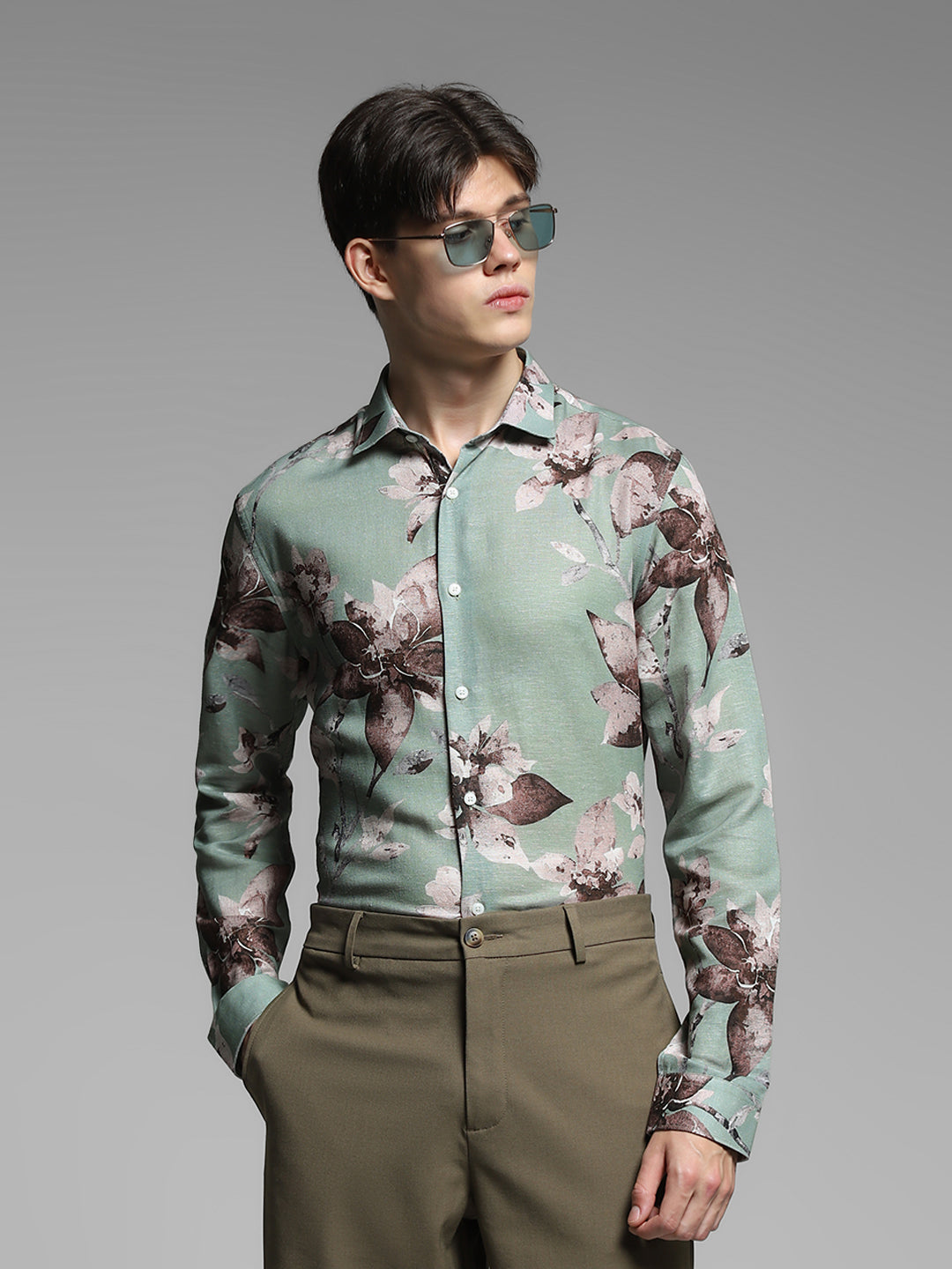 JACK&JONES Green Floral Linen Blend Shirt