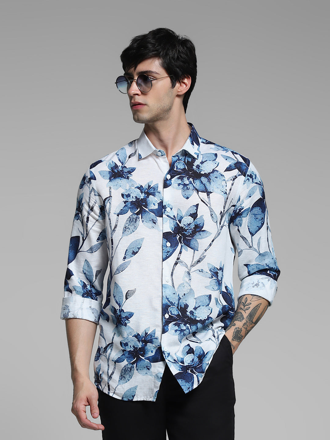 White Floral Linen Blend Shirt - S