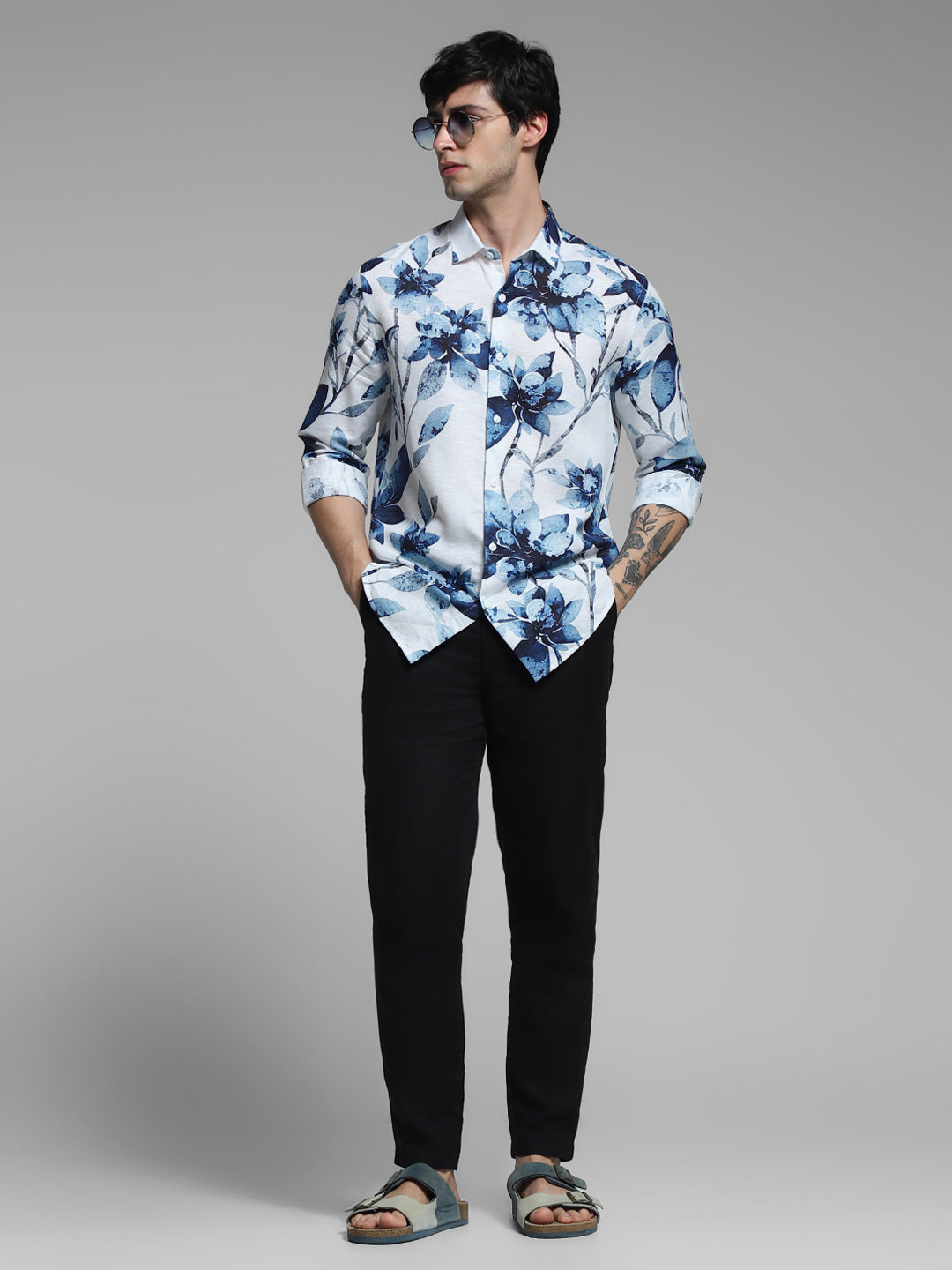 White Floral Linen Blend Shirt
