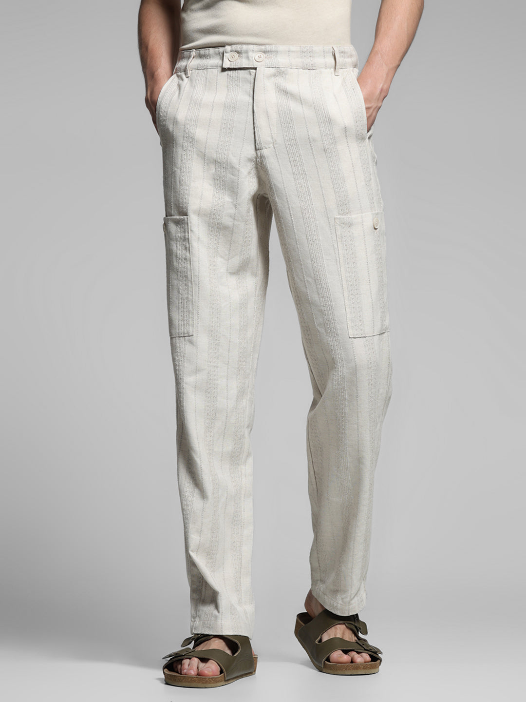 Cream Striped Regular Fit Pants - L