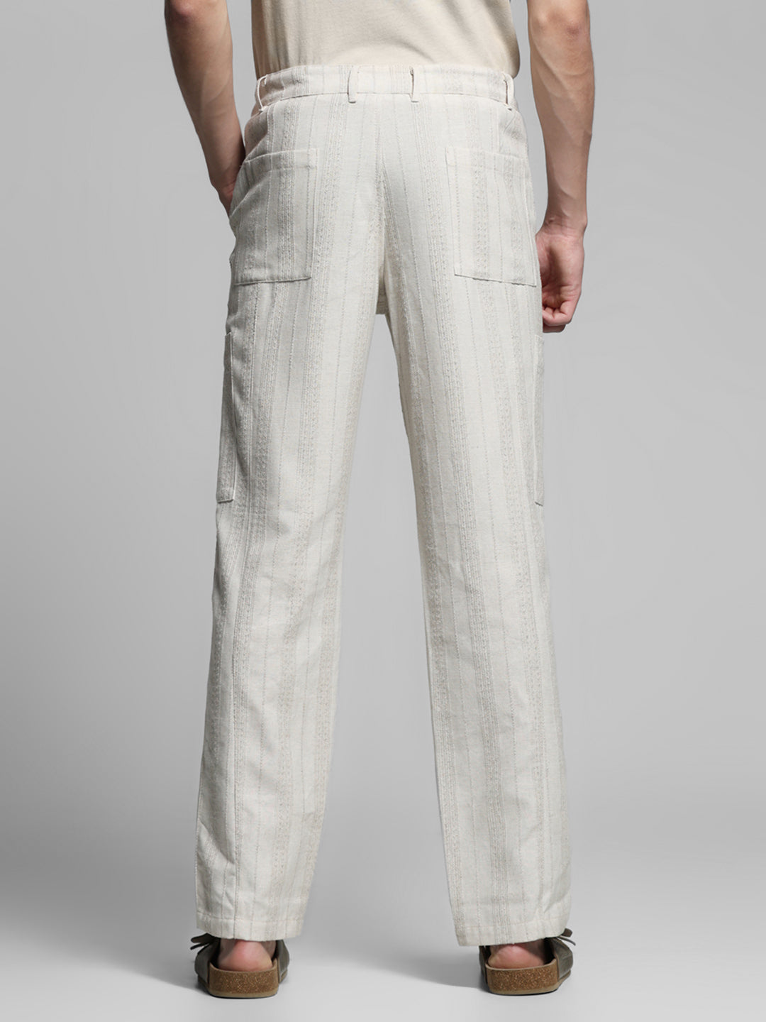 Cream Striped Regular Fit Pants