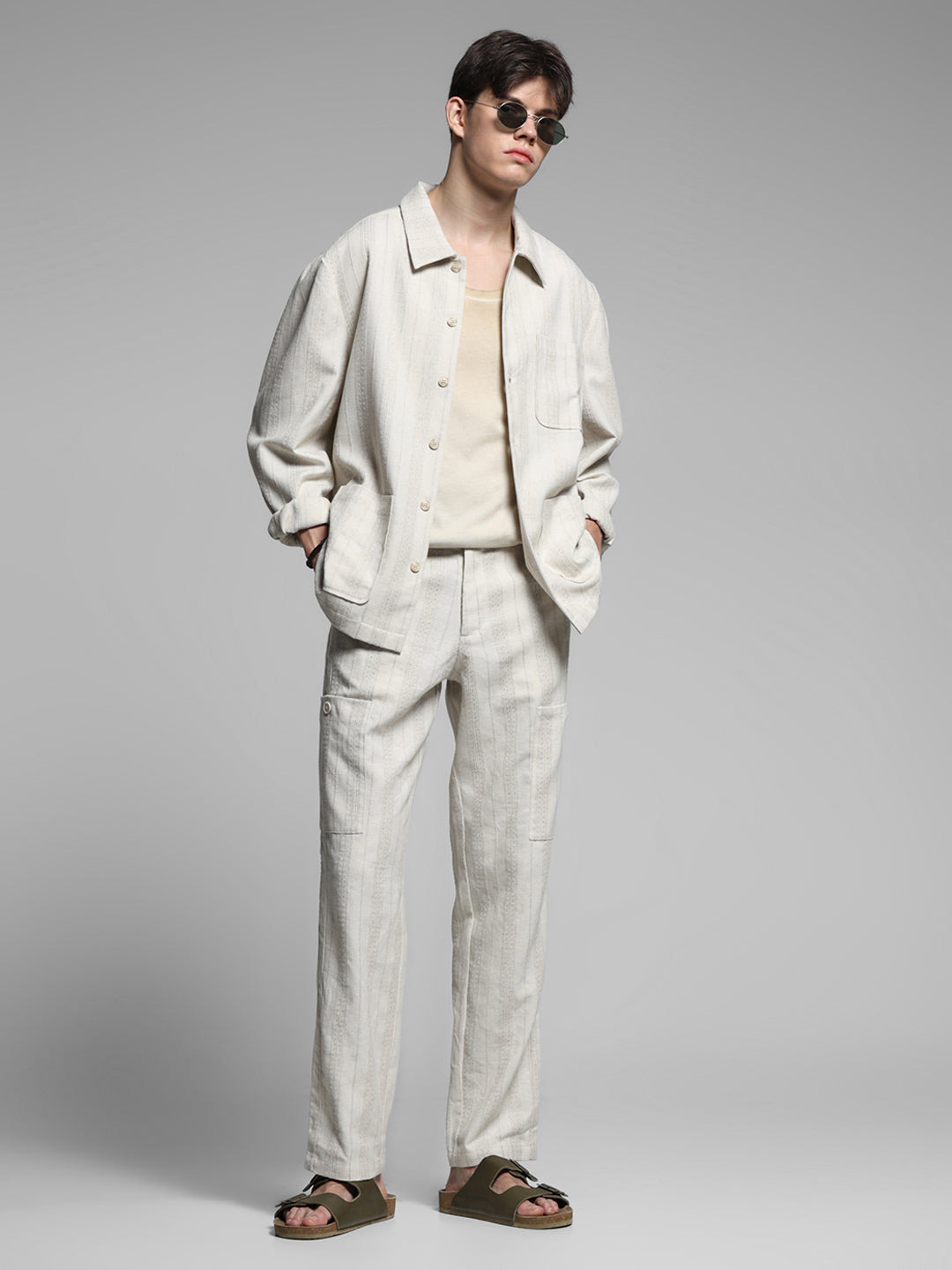 Cream Striped Regular Fit Pants