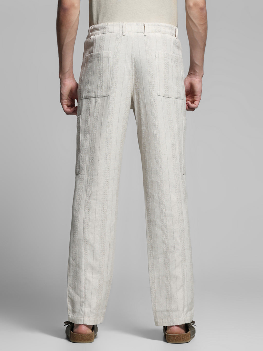 Cream Striped Regular Fit Pants
