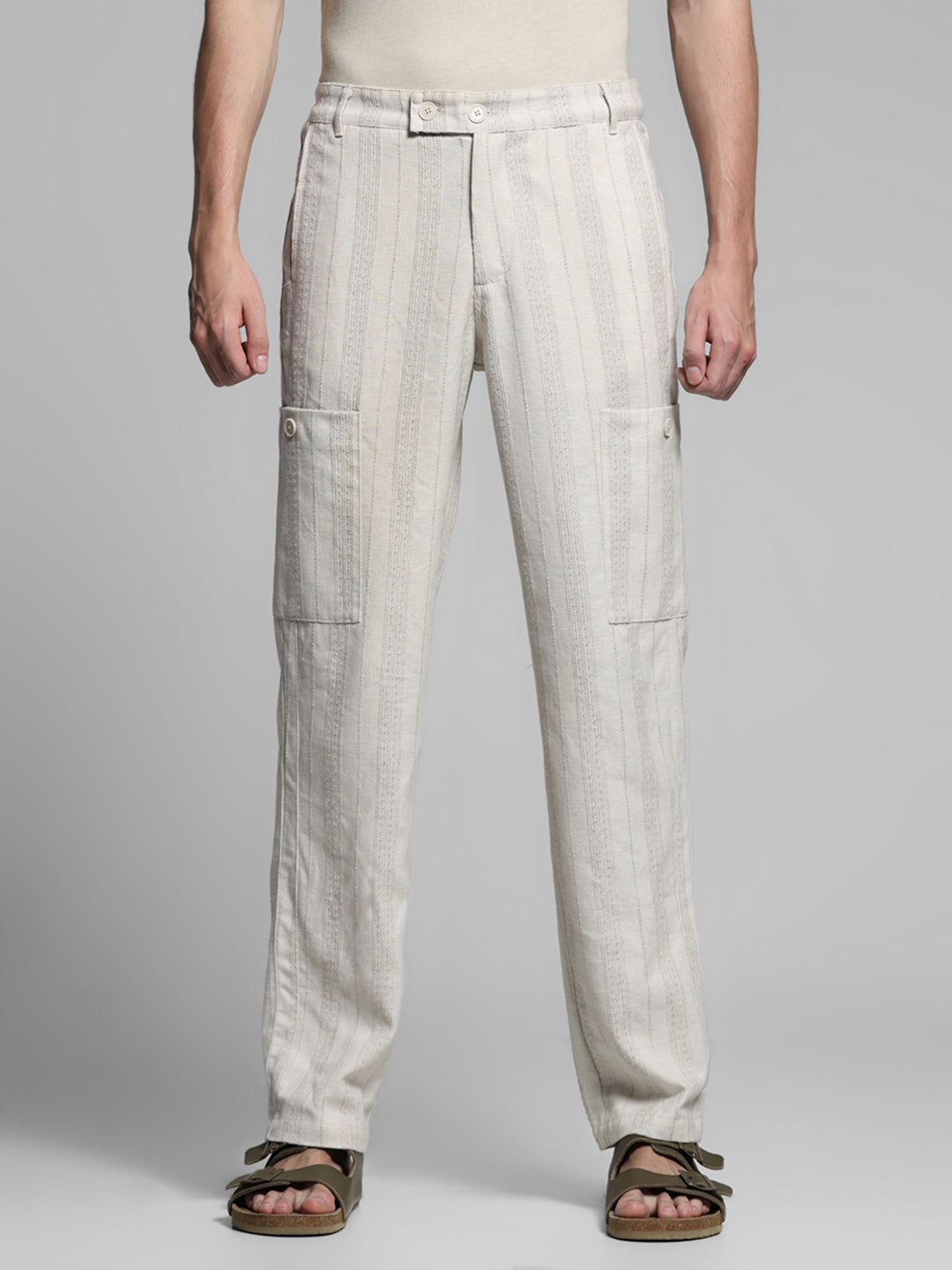 Cream Striped Regular Fit Pants