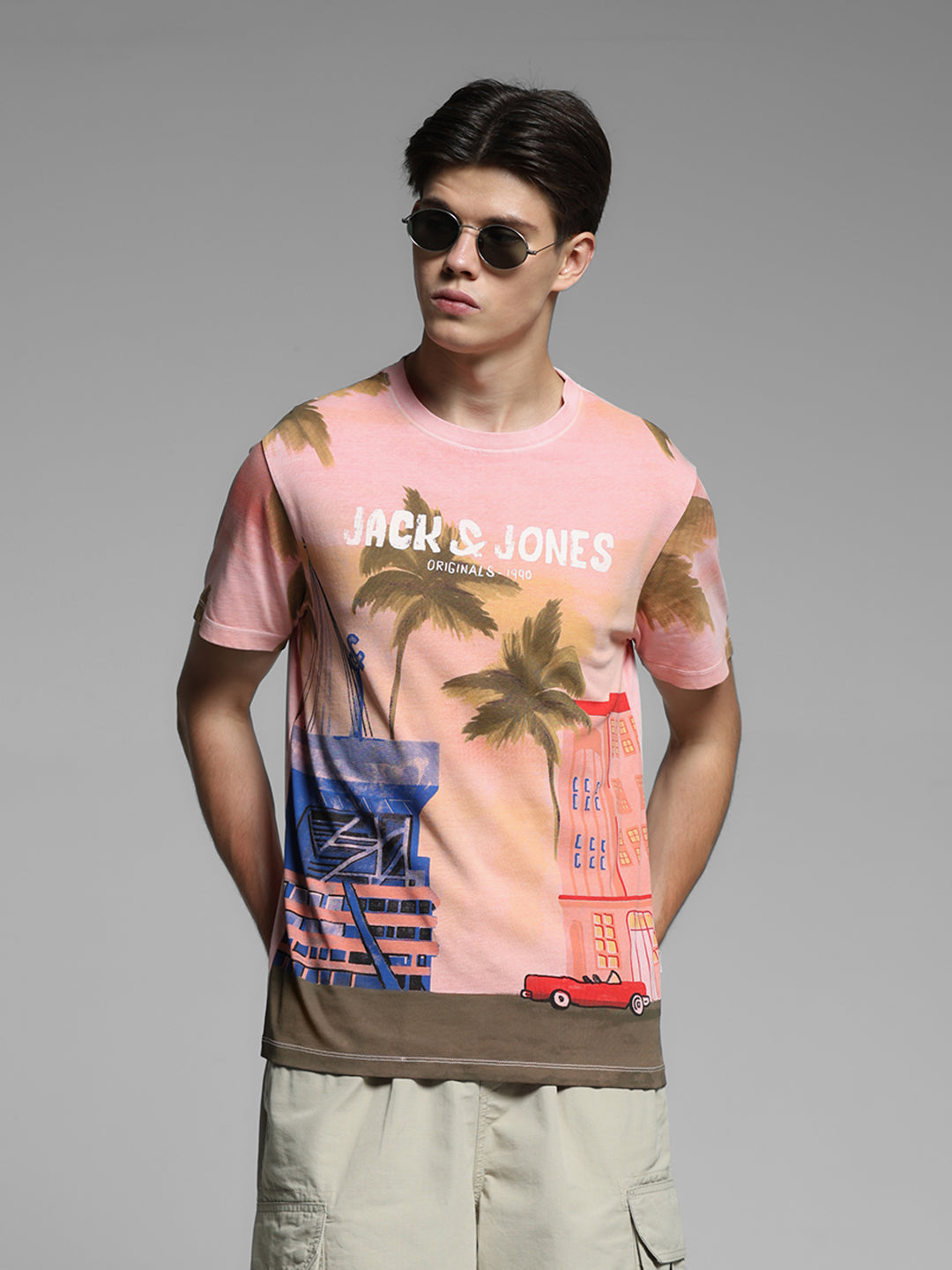 Pink Printed Cotton T-shirt - S