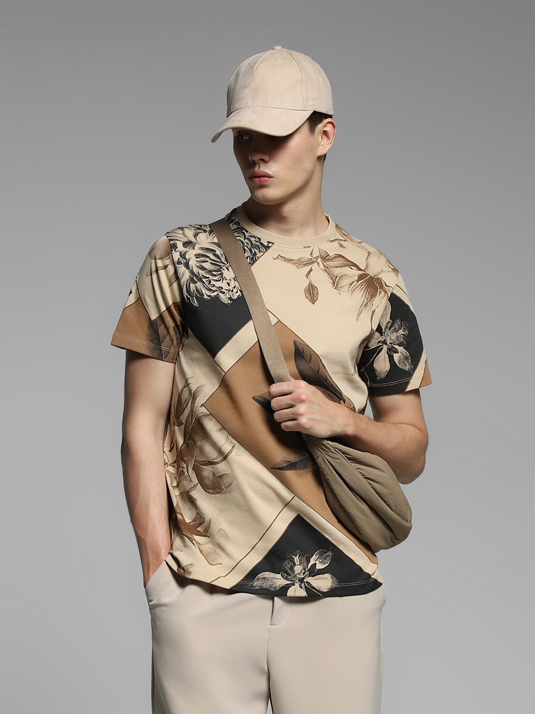 Printed Cotton T-shirt - Light Brown