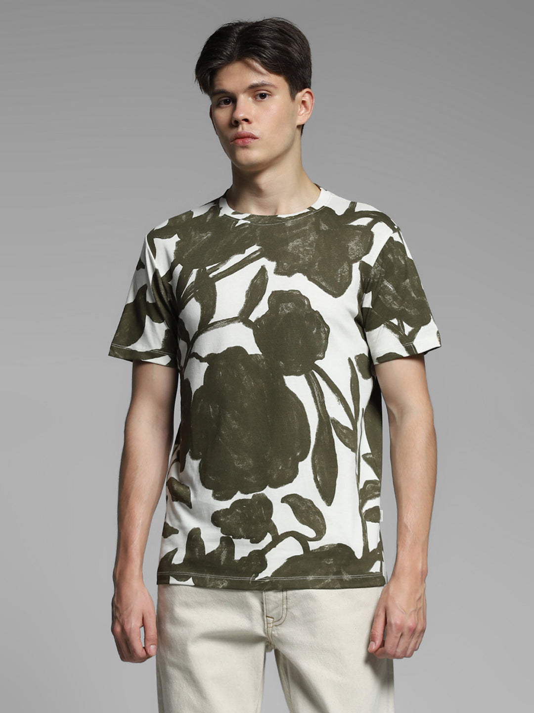 White & Green Printed Cotton T-shirt