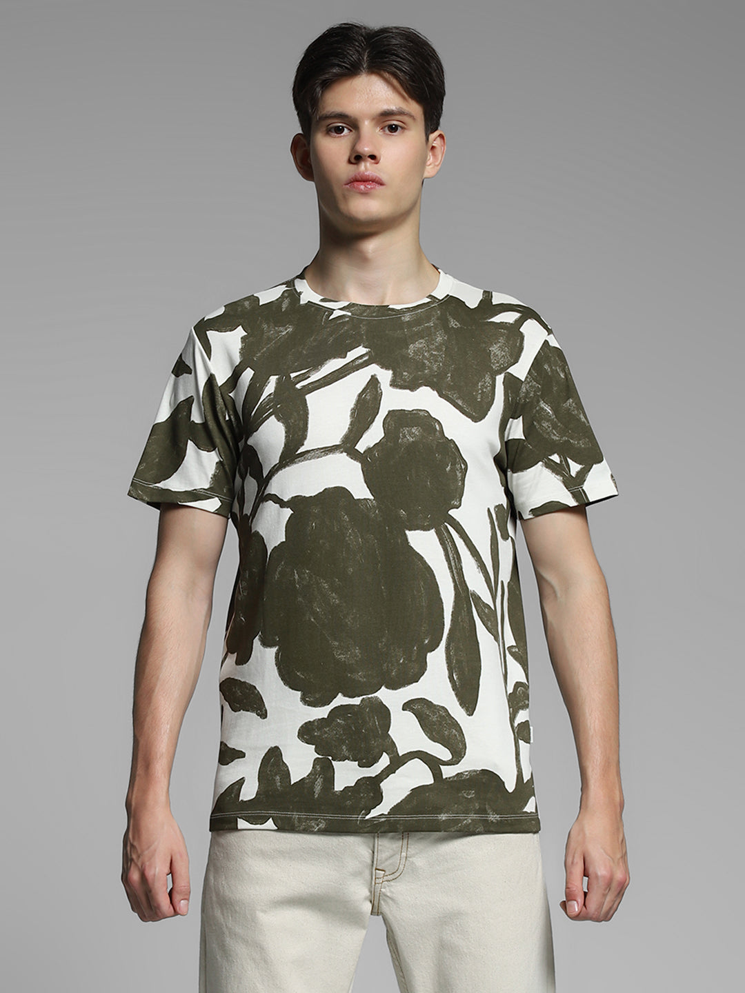 White & Green Printed Cotton T-shirt