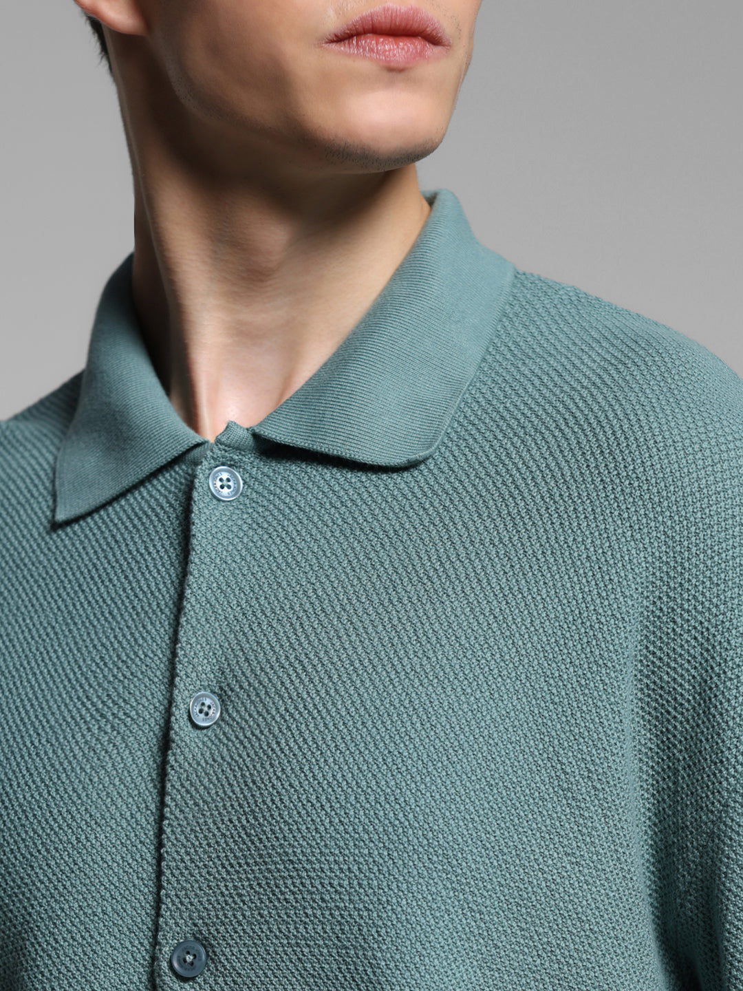 Green Front Open Knit Polo