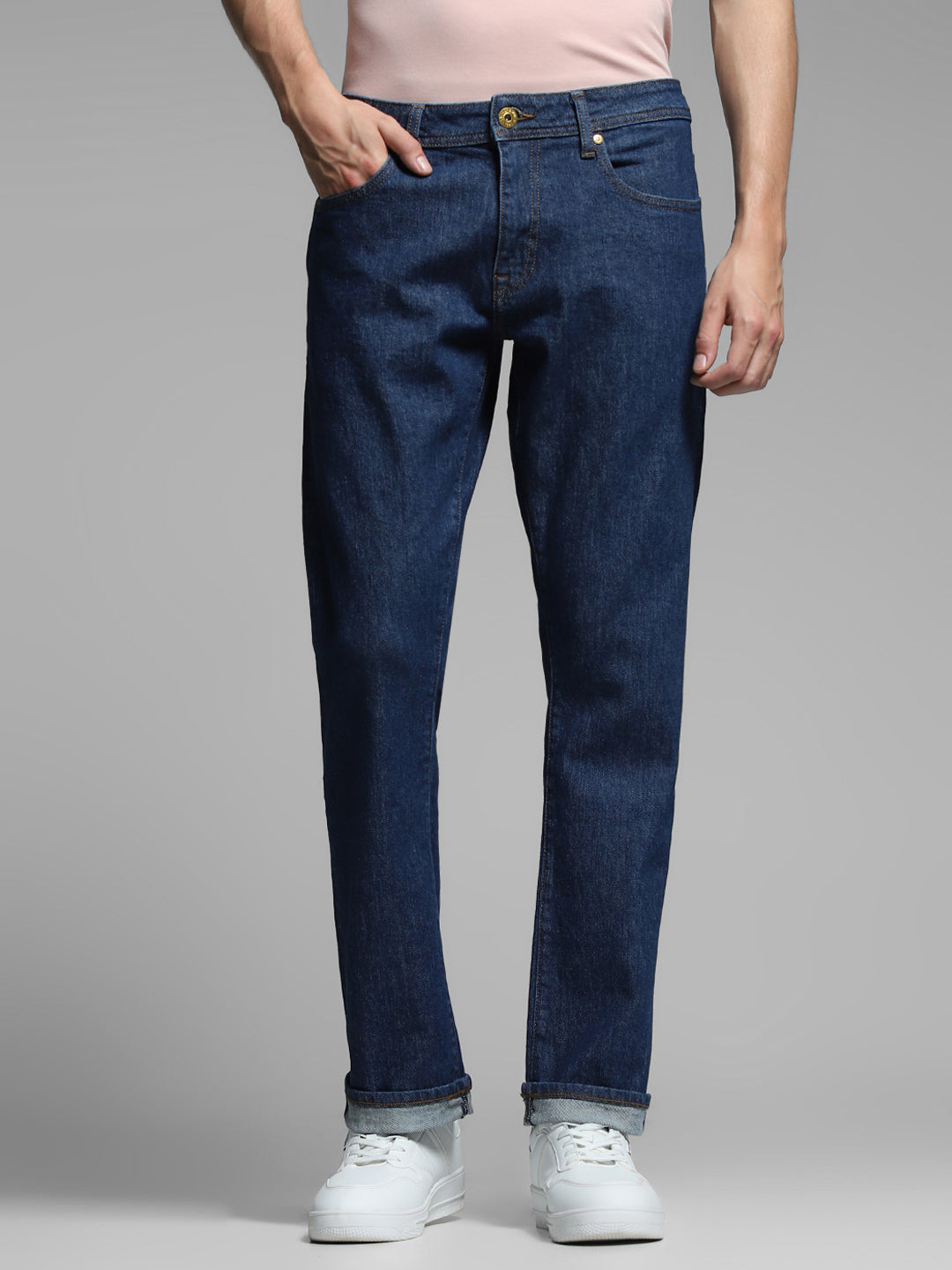 Men's Dark Blue Regular Fit Low Rise Solid Jeans