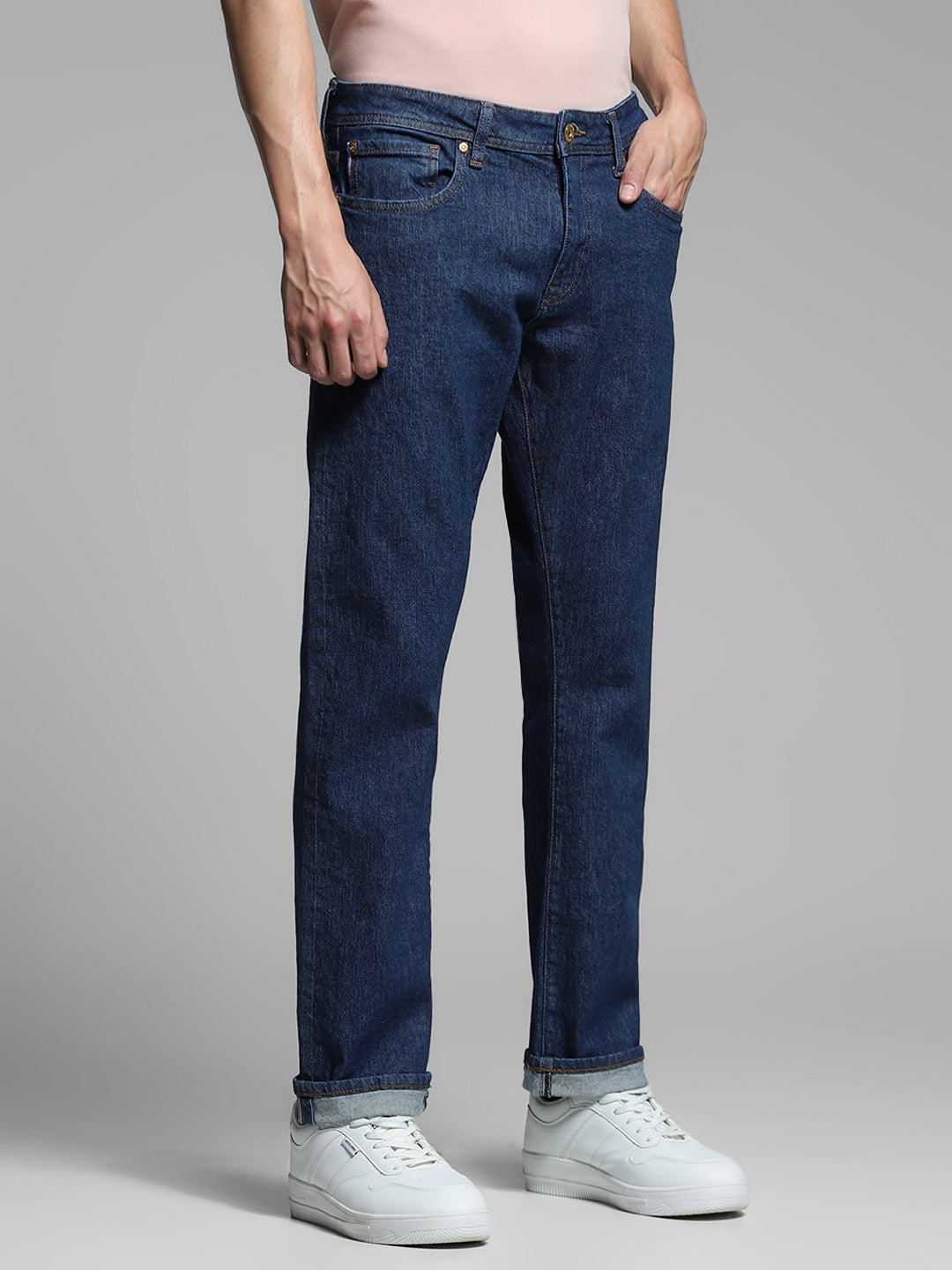 Men's Dark Blue Regular Fit Low Rise Solid Jeans