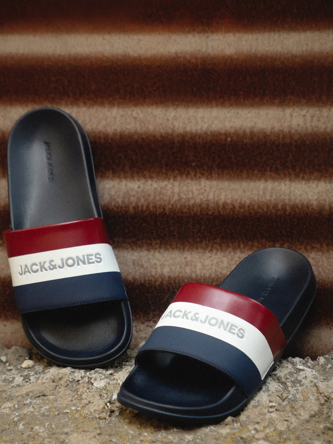 Navy Blue Striped Pool Sliders - 40