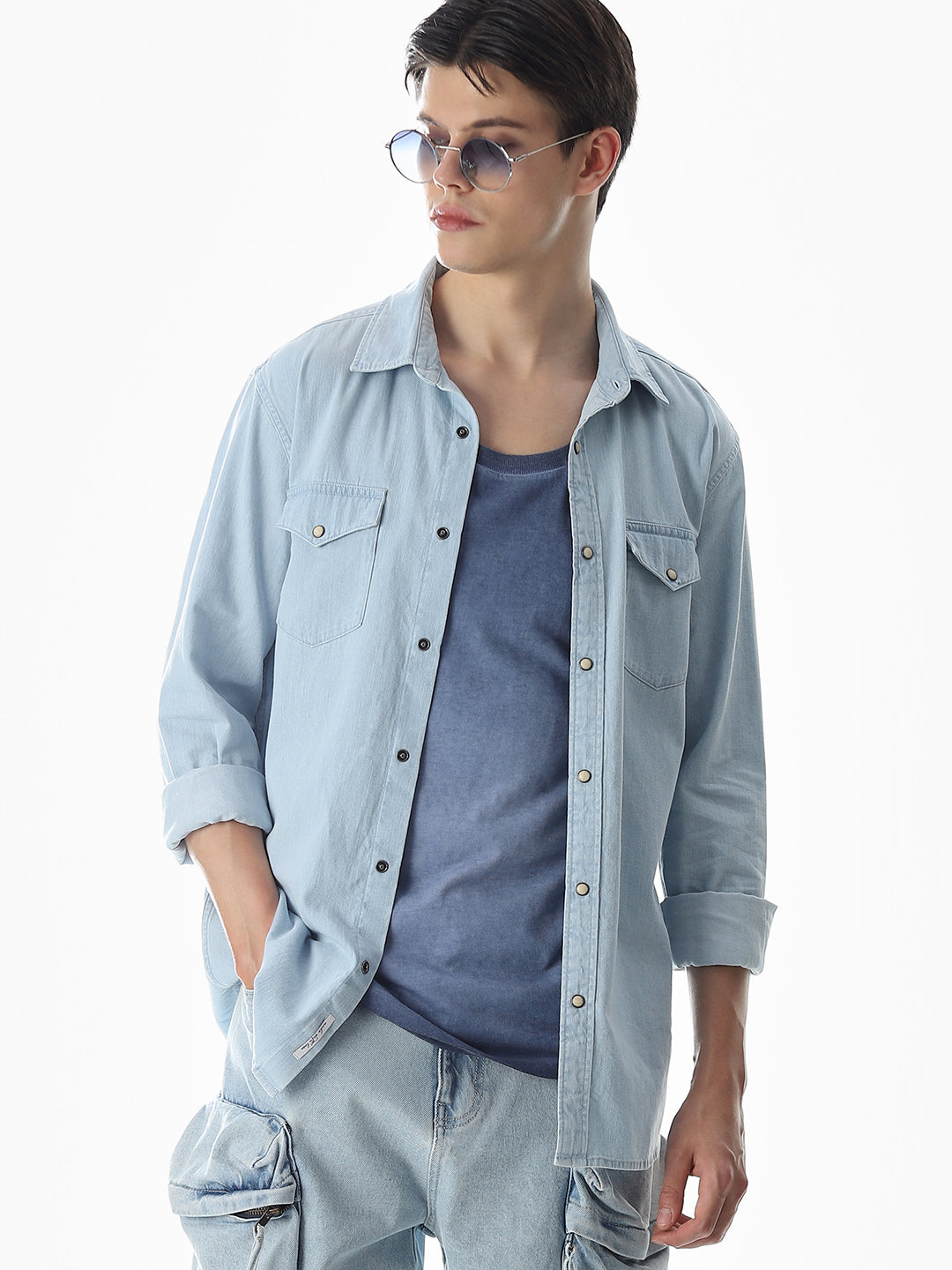 2 Patch Pocket Cotton Denim Shirt - Light Blue - L
