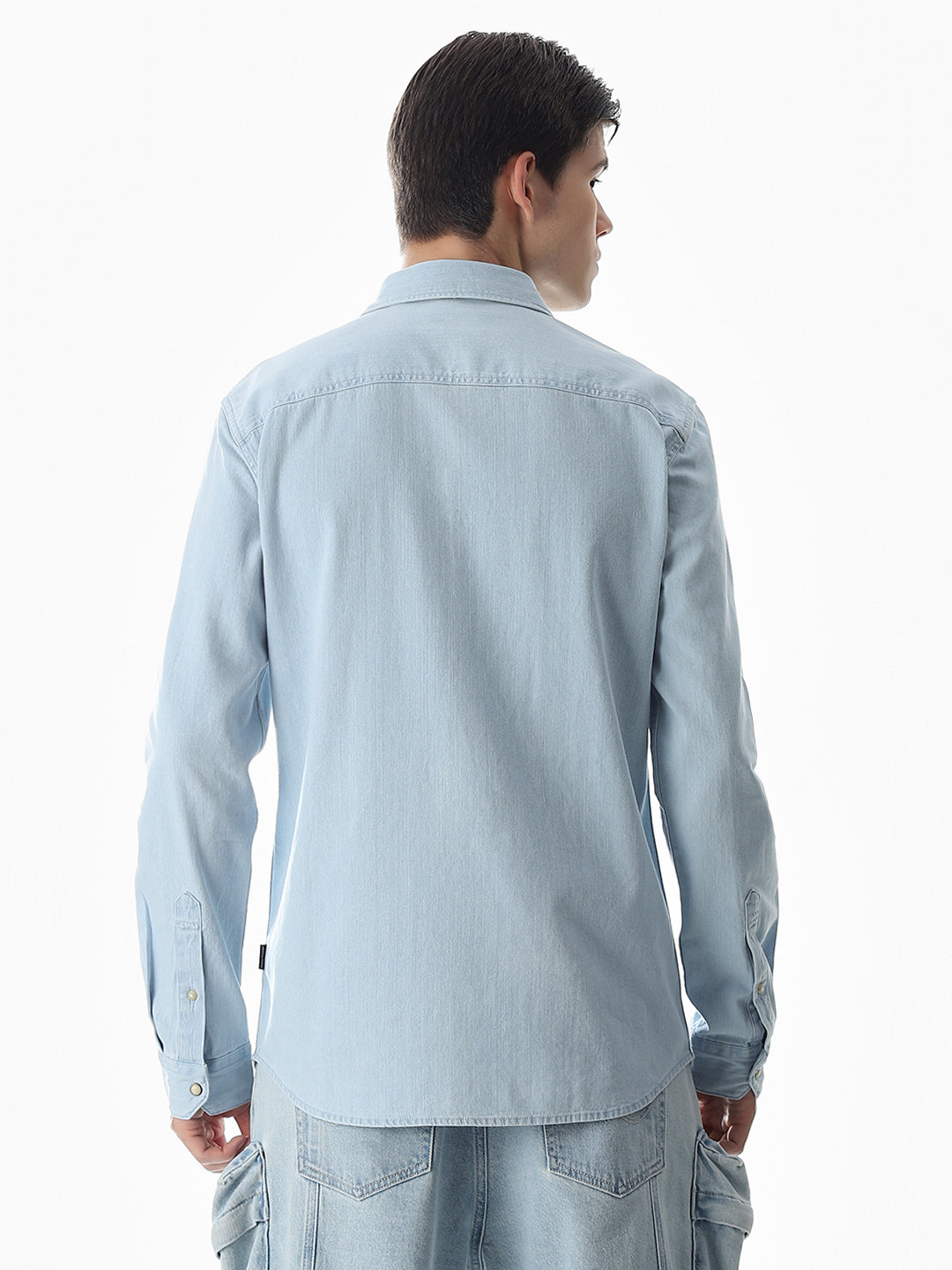 2 Patch Pocket Cotton Denim Shirt - Light Blue