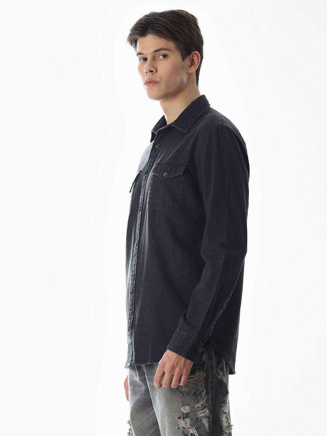 2 Patch Pocket Cotton Denim Shirt - Black