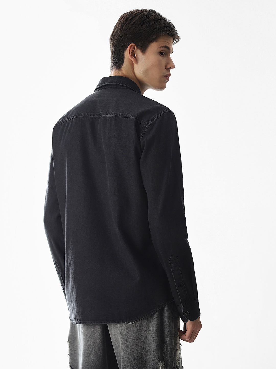2 Patch Pocket Cotton Denim Shirt - Black