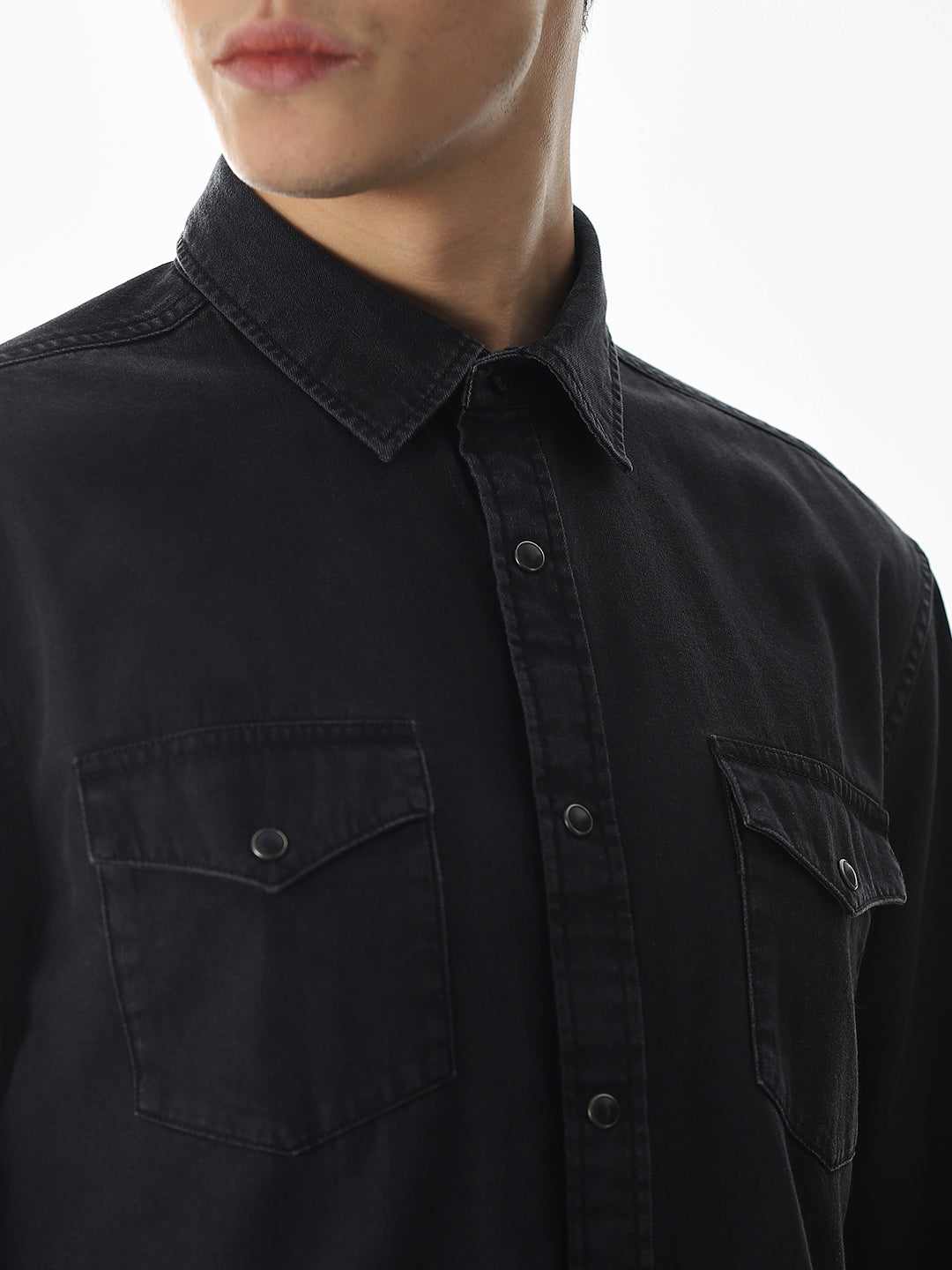 2 Patch Pocket Cotton Denim Shirt - Black