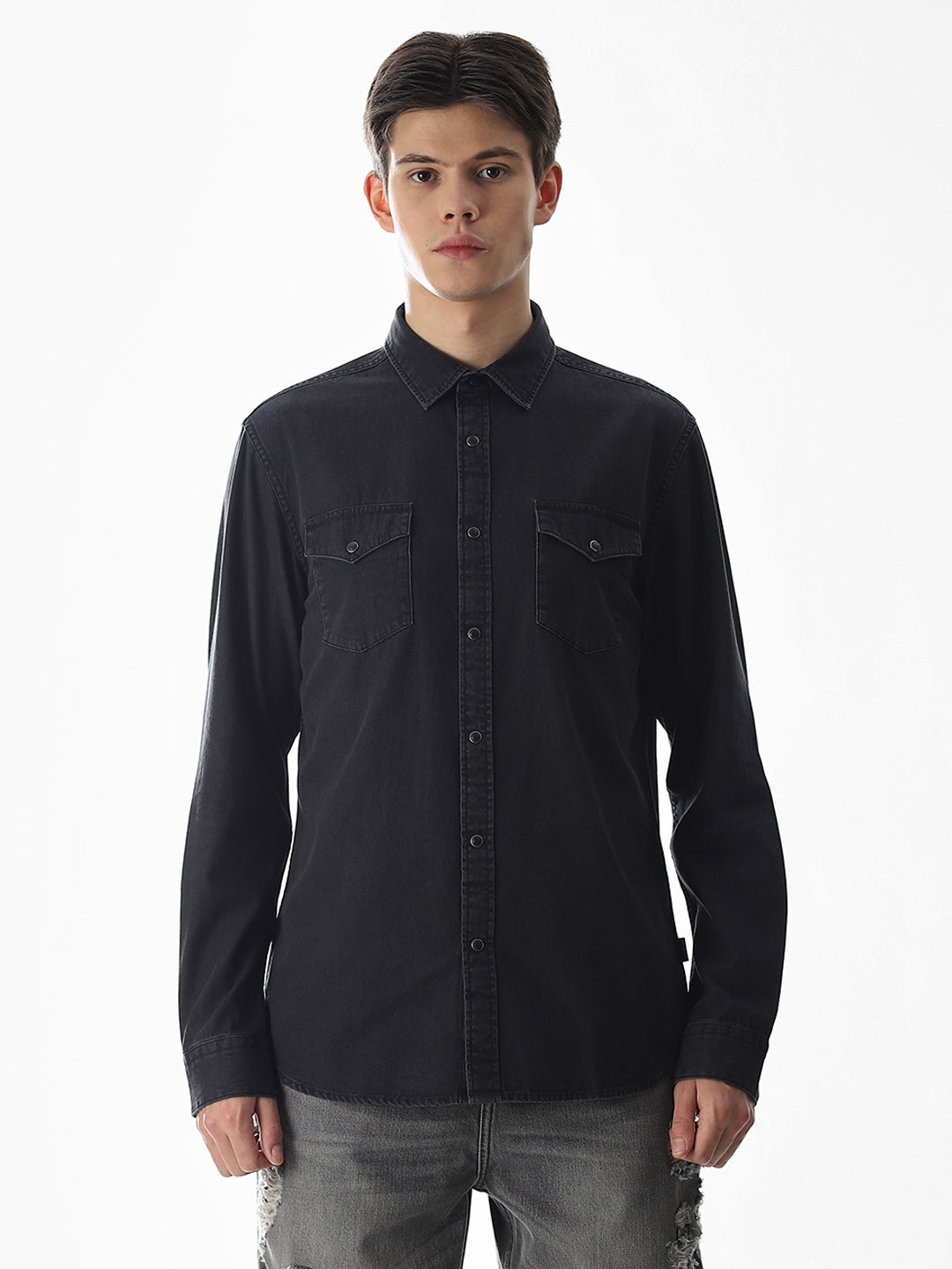 2 Patch Pocket Cotton Denim Shirt - Black