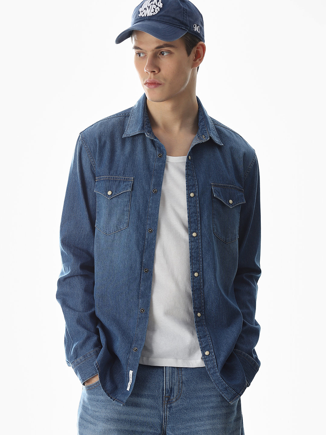 2 Patch Pocket Cotton Denim Shirt - Blue - M