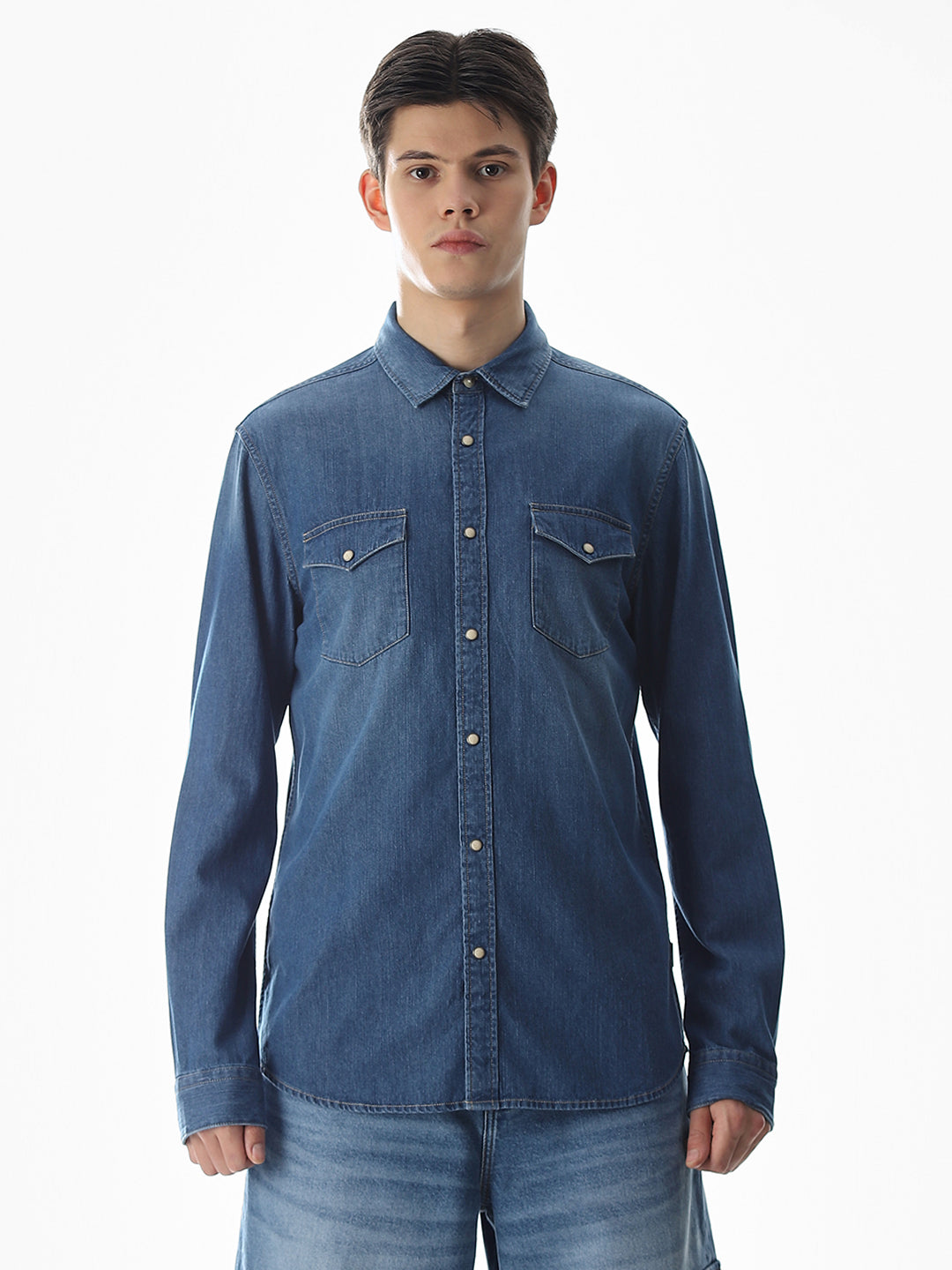 2 Patch Pocket Cotton Denim Shirt - Blue