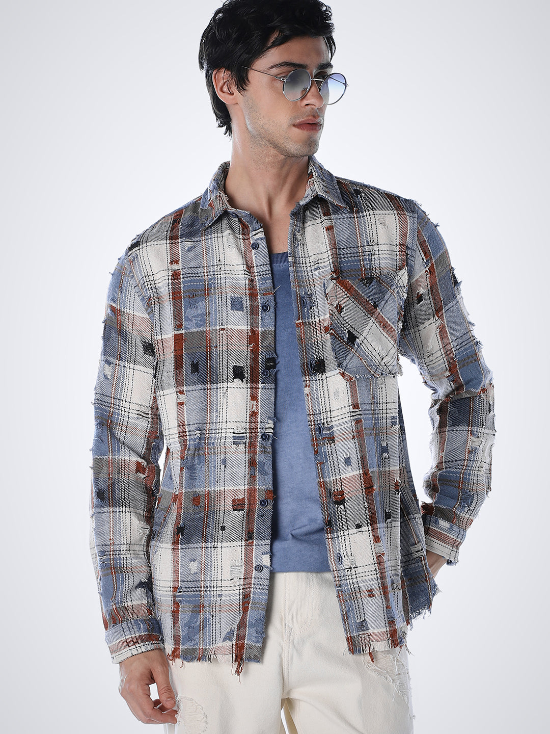 Distressed Check Regular Fit Shirt - XL
