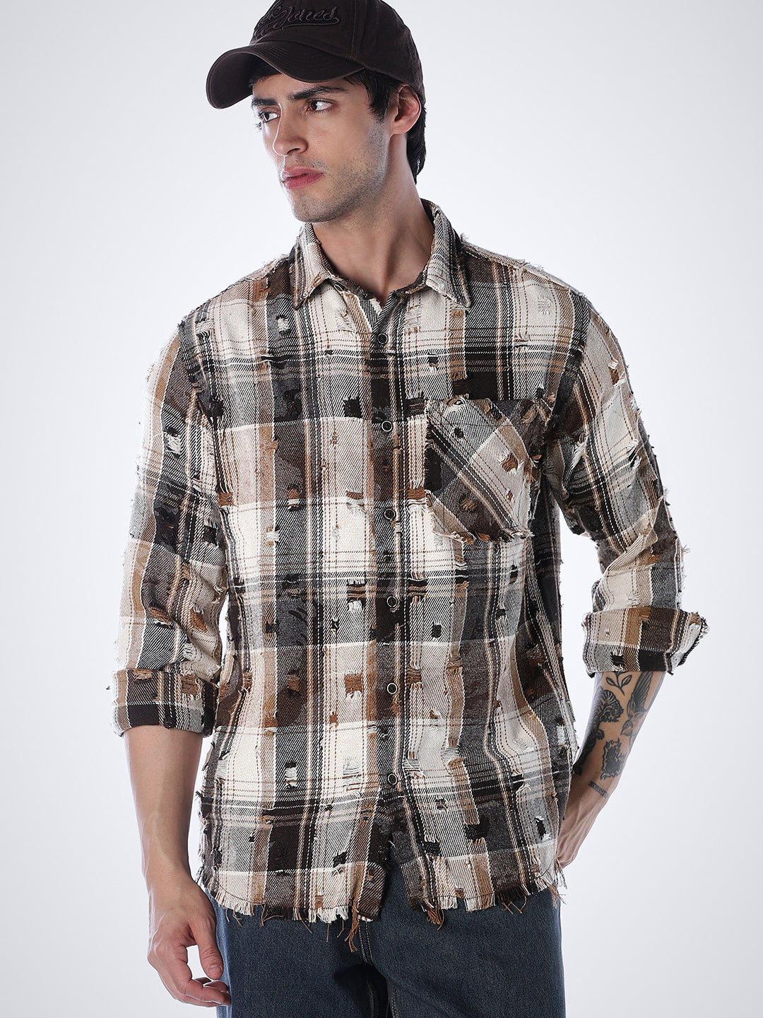 Distressed Check Regular Fit Shirt - Brown