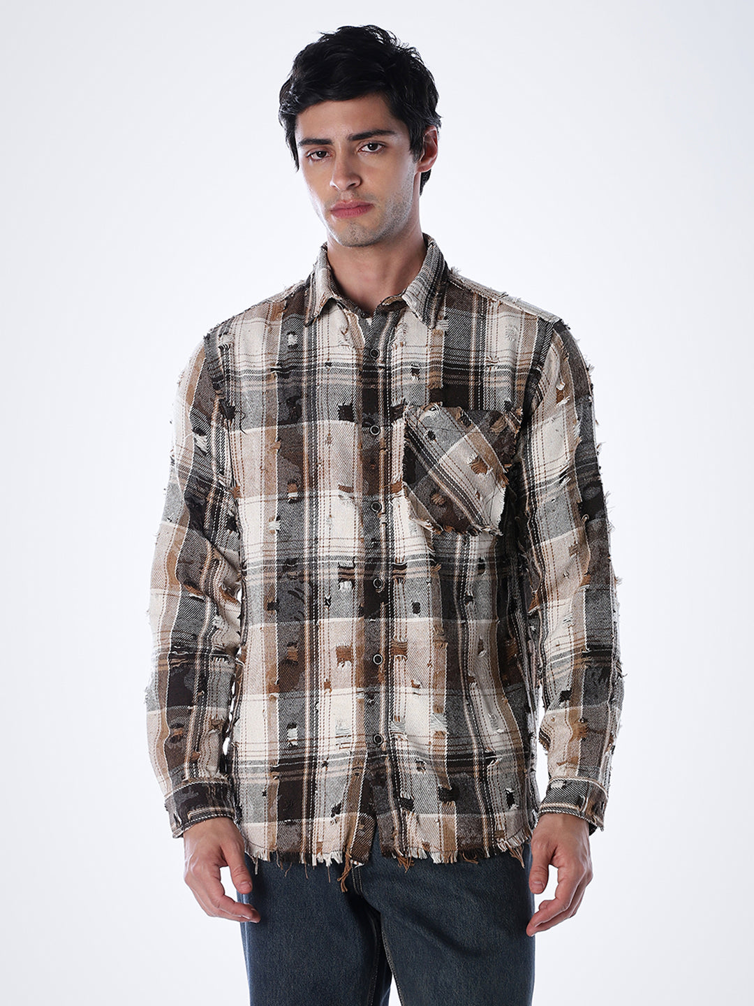 Distressed Check Regular Fit Shirt - Brown