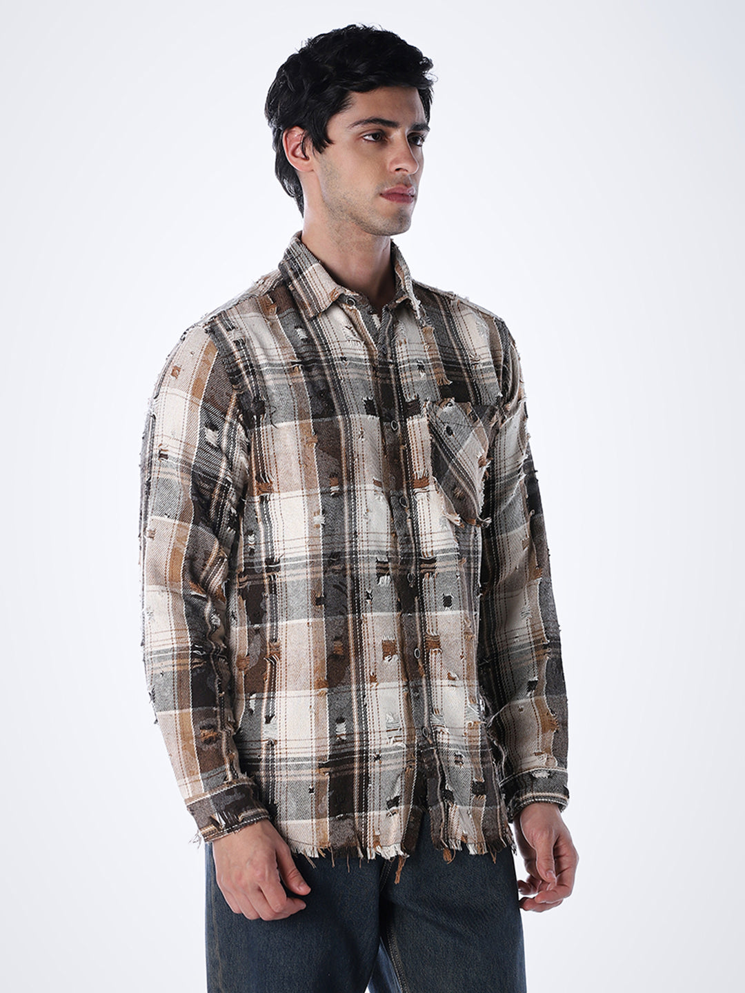 Distressed Check Regular Fit Shirt - Brown