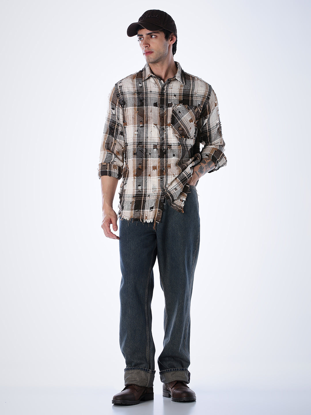 Distressed Check Regular Fit Shirt - Brown