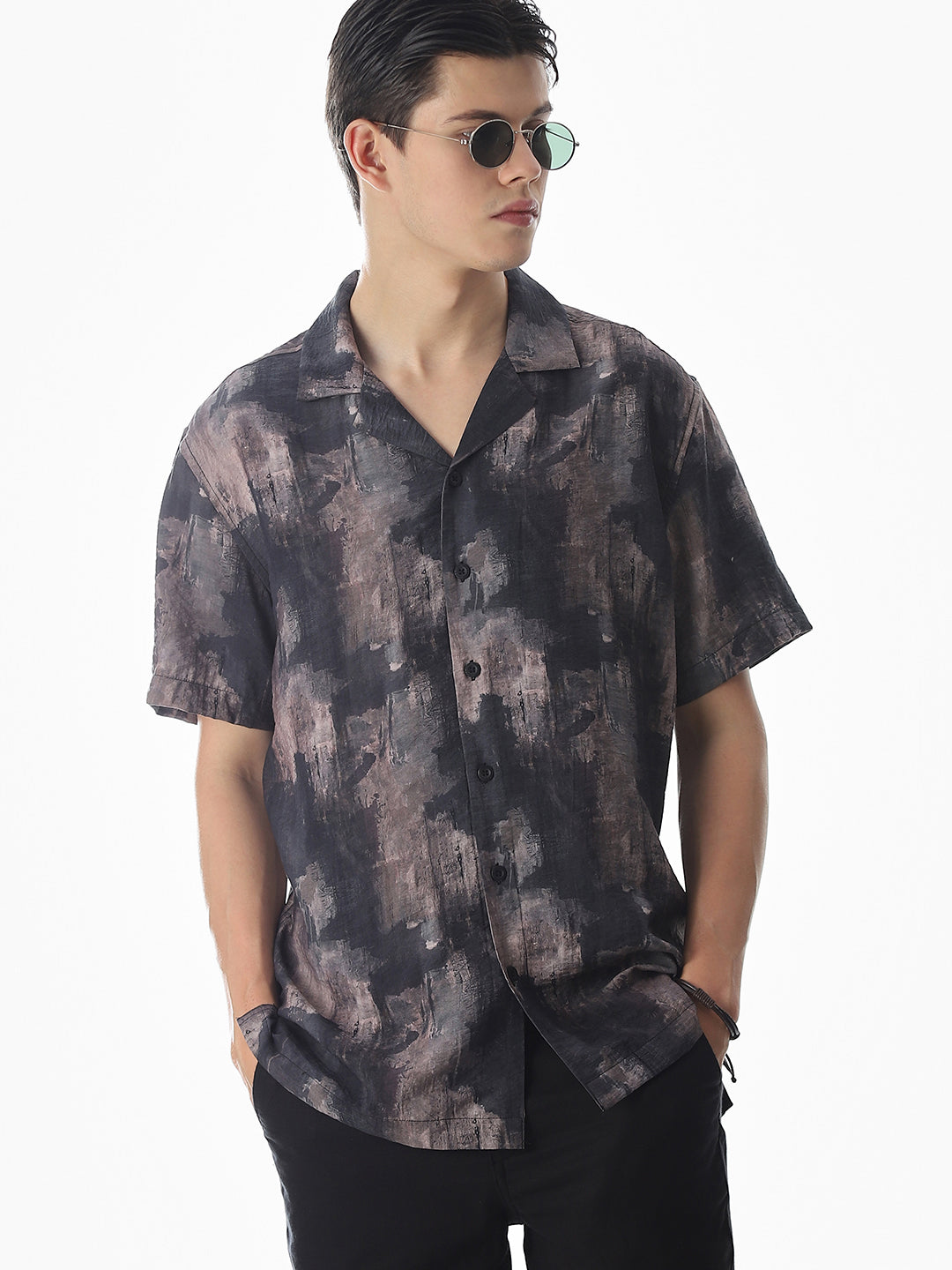 Brown Abstract Print Comfort Fit Shirt - S