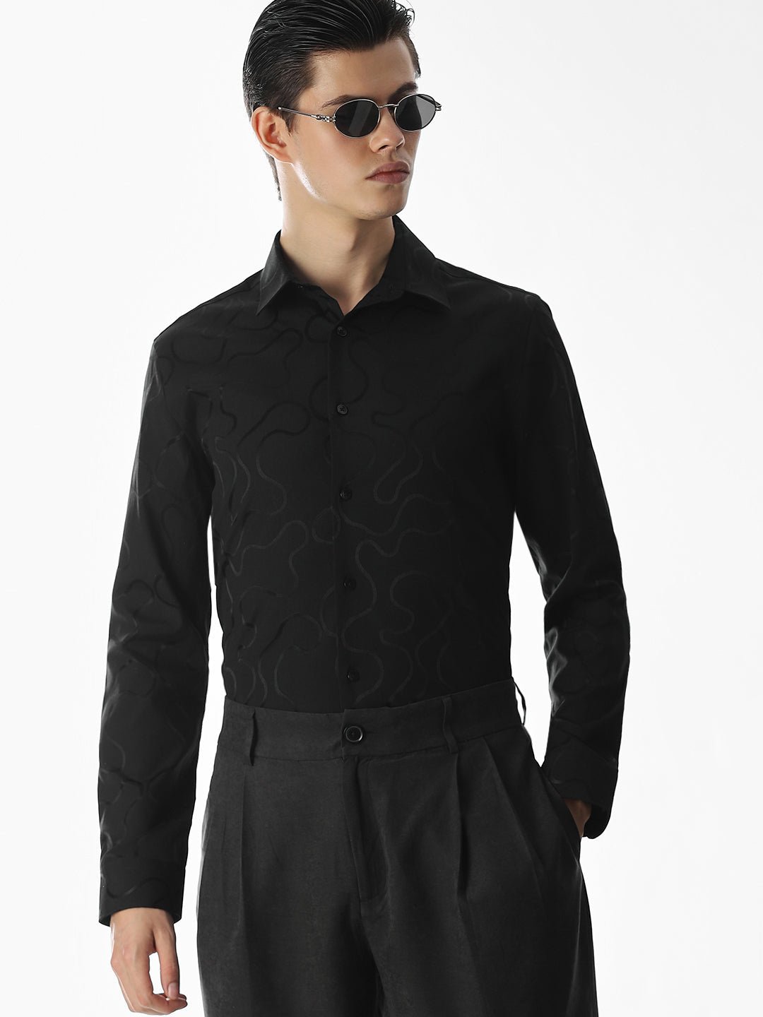 Black Dobby Printed Shirt - M
