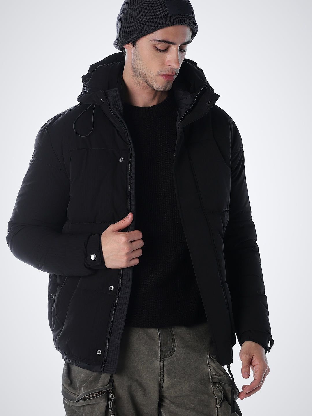 Black High Rise Hooded Puffer Jacket - L