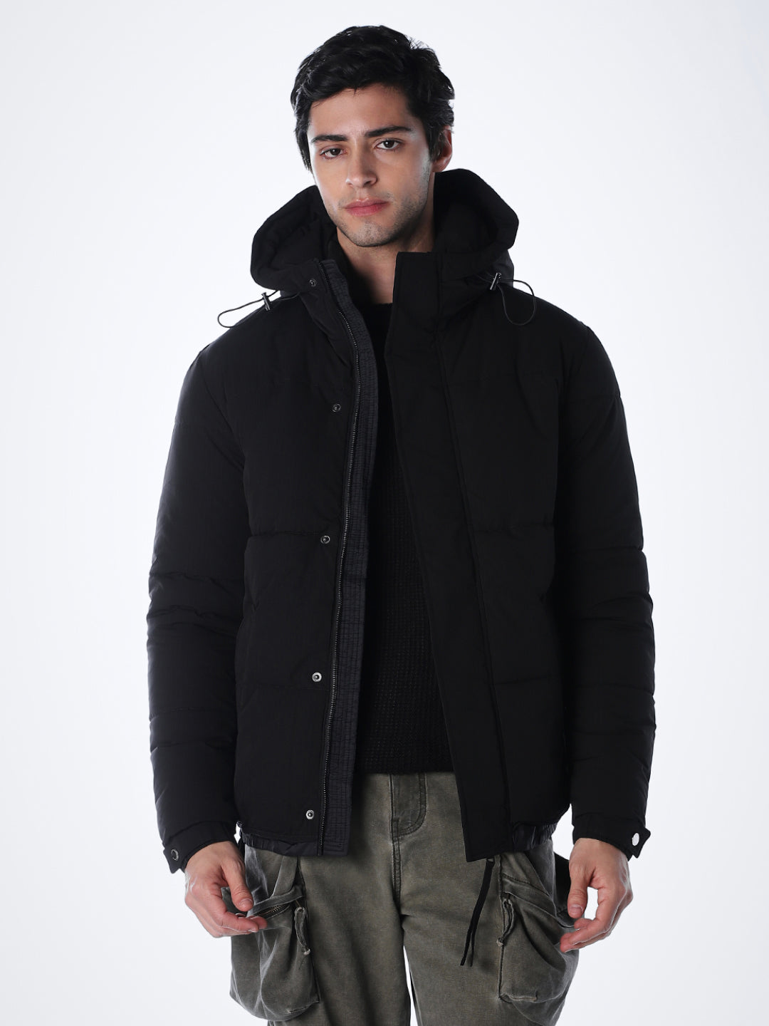 Black High Rise Hooded Puffer Jacket
