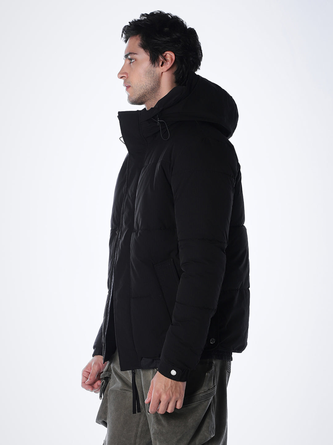 Black High Rise Hooded Puffer Jacket