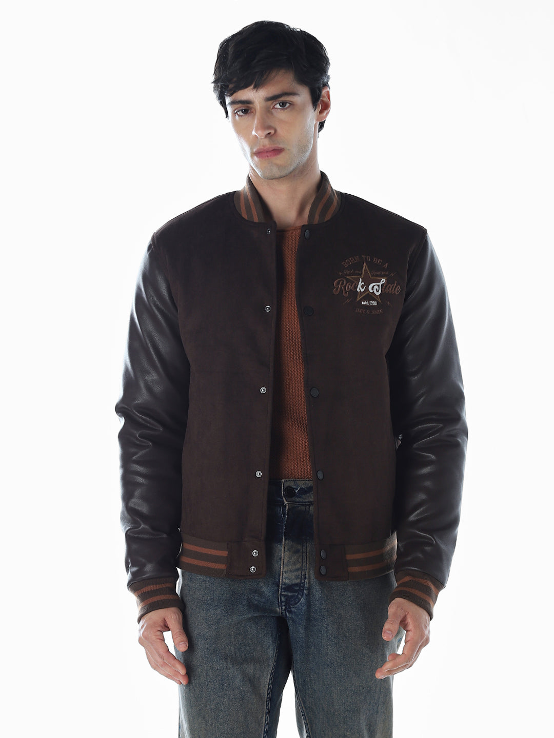 Dark Brown Rib Collar Bomber Jacket