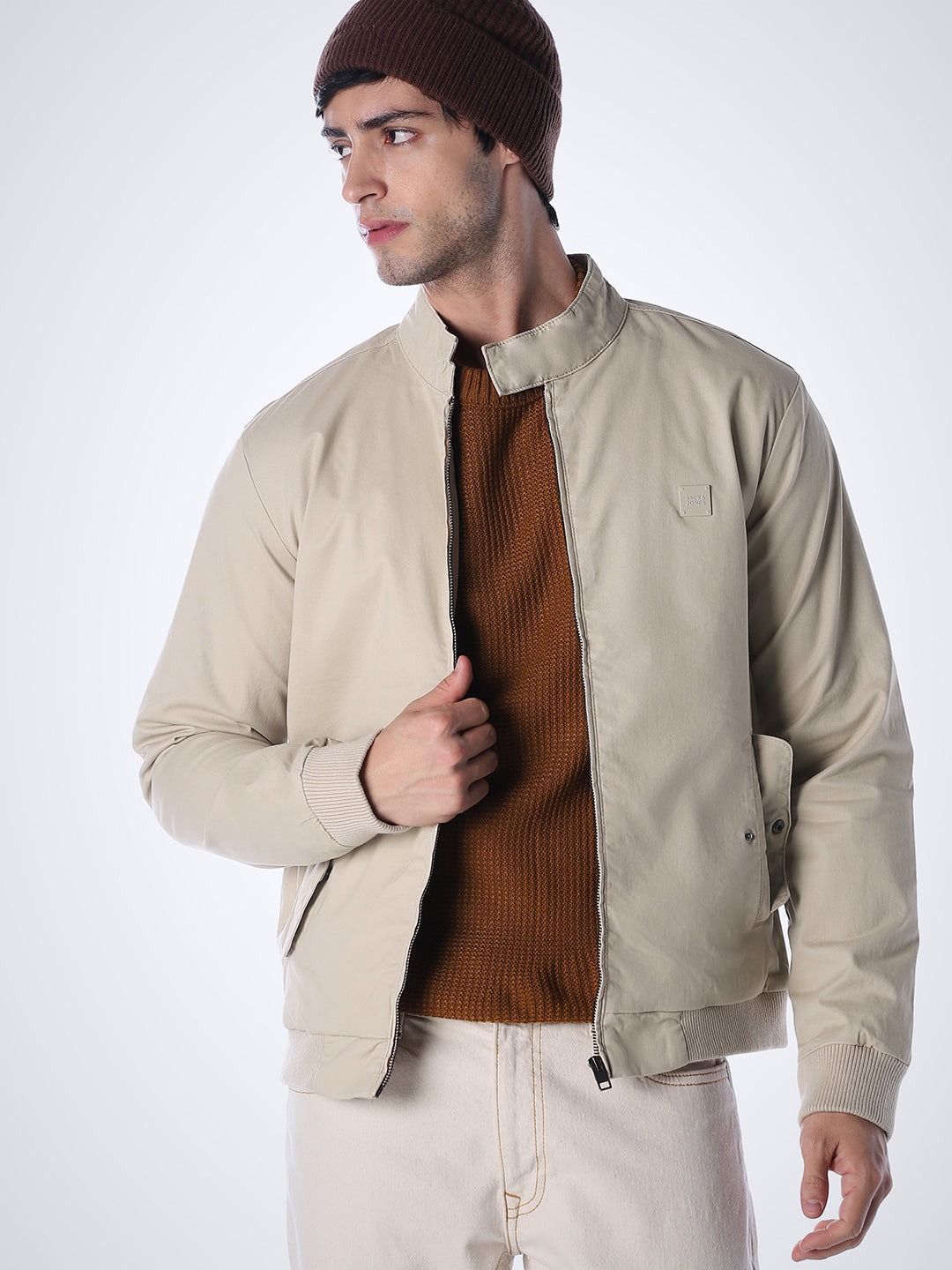Beige Regular Fit Bomber Jacket - S