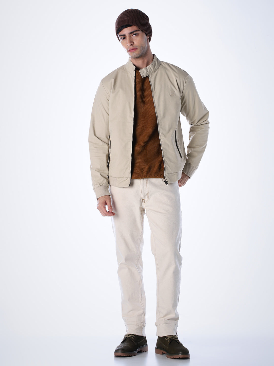 Beige Regular Fit Bomber Jacket