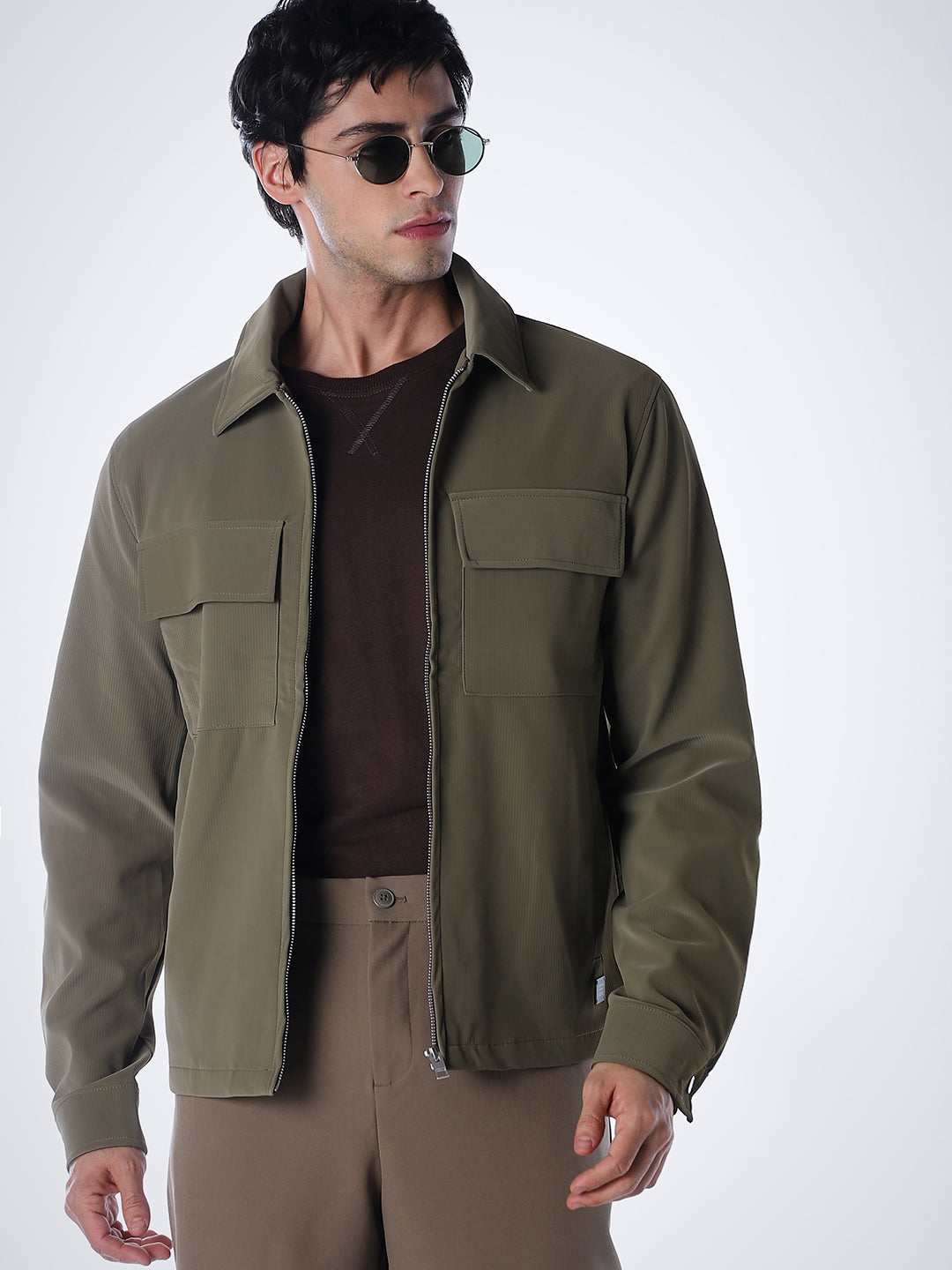 Zip-Front Casual Jacket - Olive Green - S
