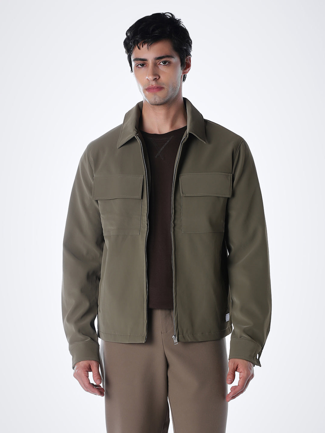 Zip-Front Casual Jacket - Olive Green