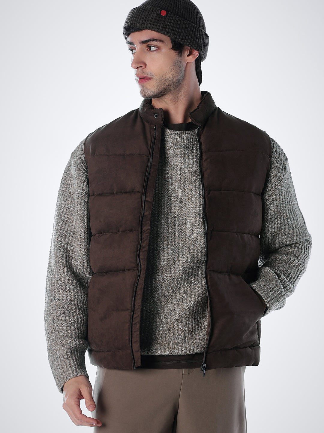 Brown High Neck Puffer Vest - M