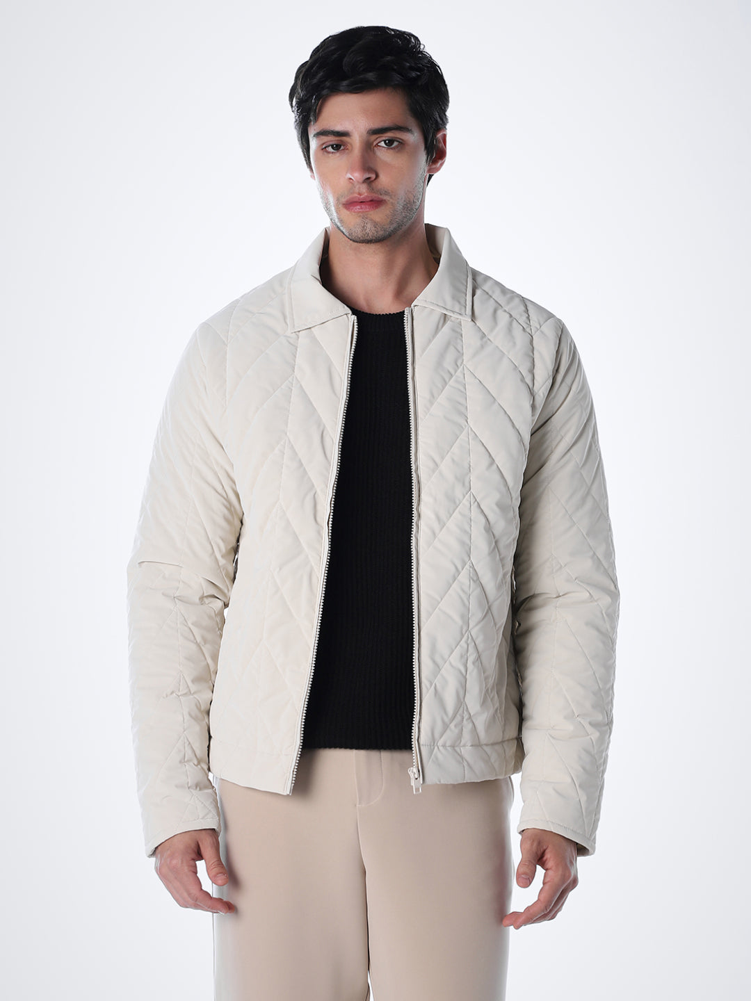 Men's Grey Quilted Jacket With Zip Closure