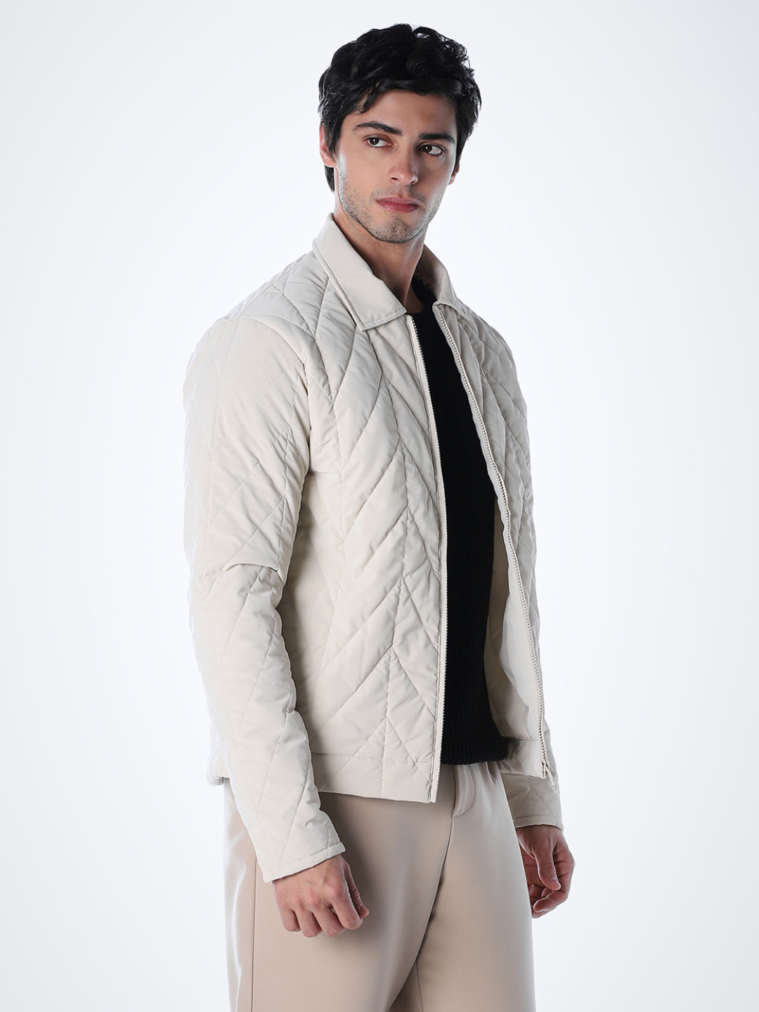 Men's Grey Quilted Jacket With Zip Closure