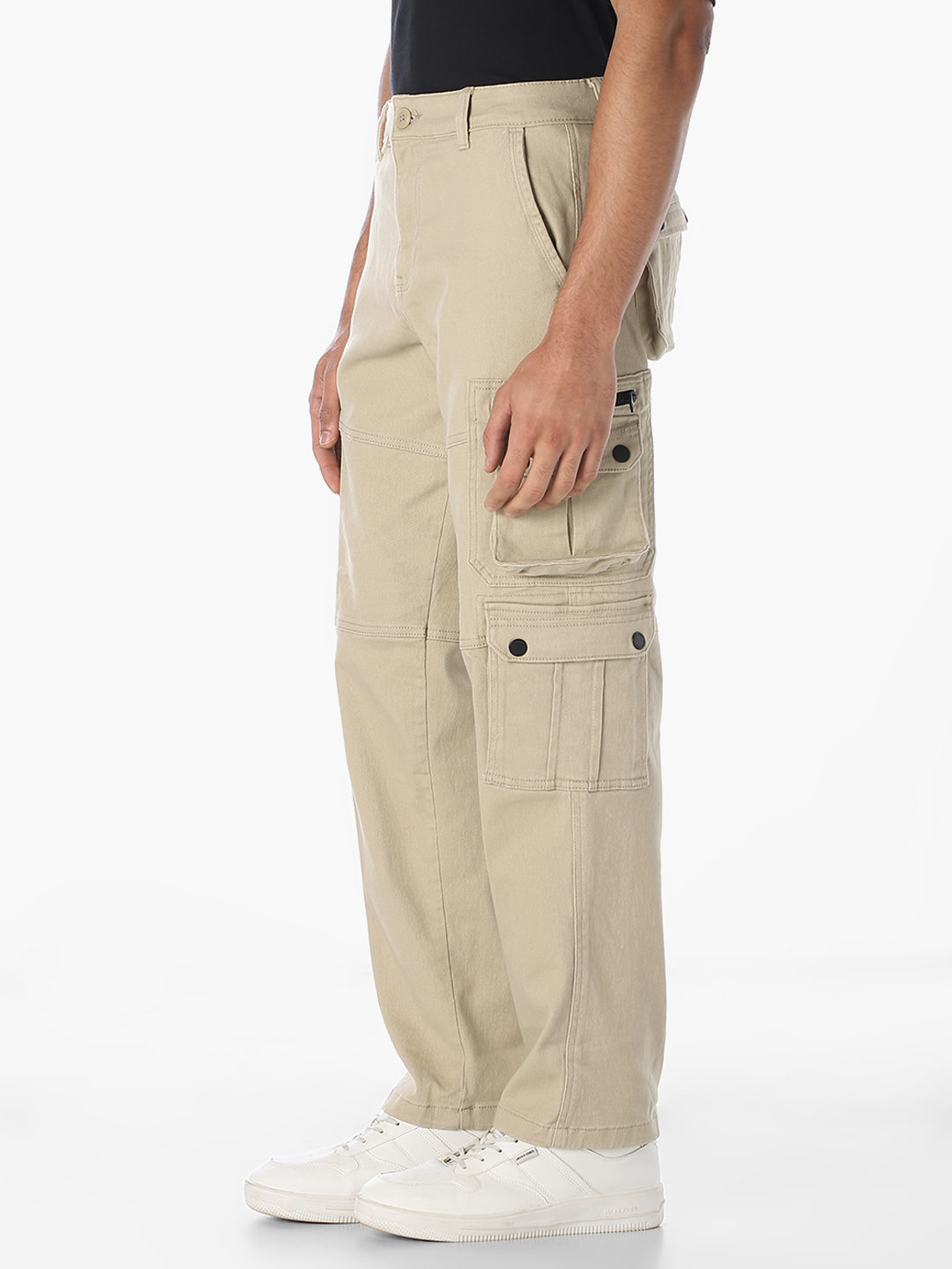 Beige 6 Pocket Regular Fit Cargos