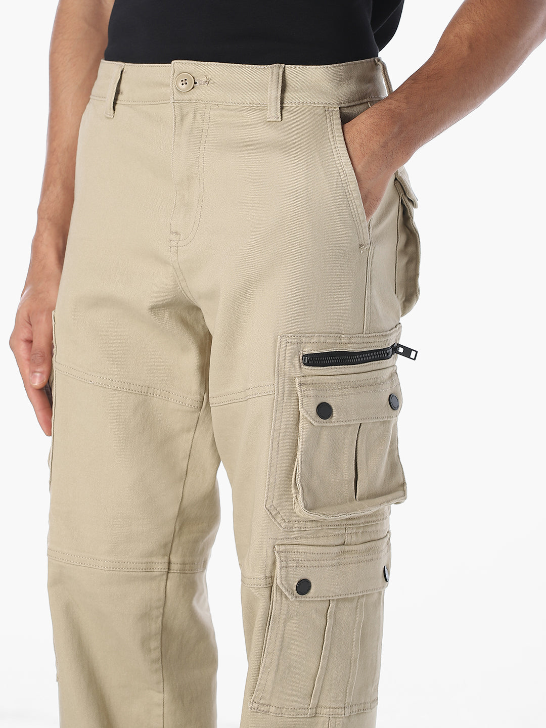 Beige 6 Pocket Regular Fit Cargos