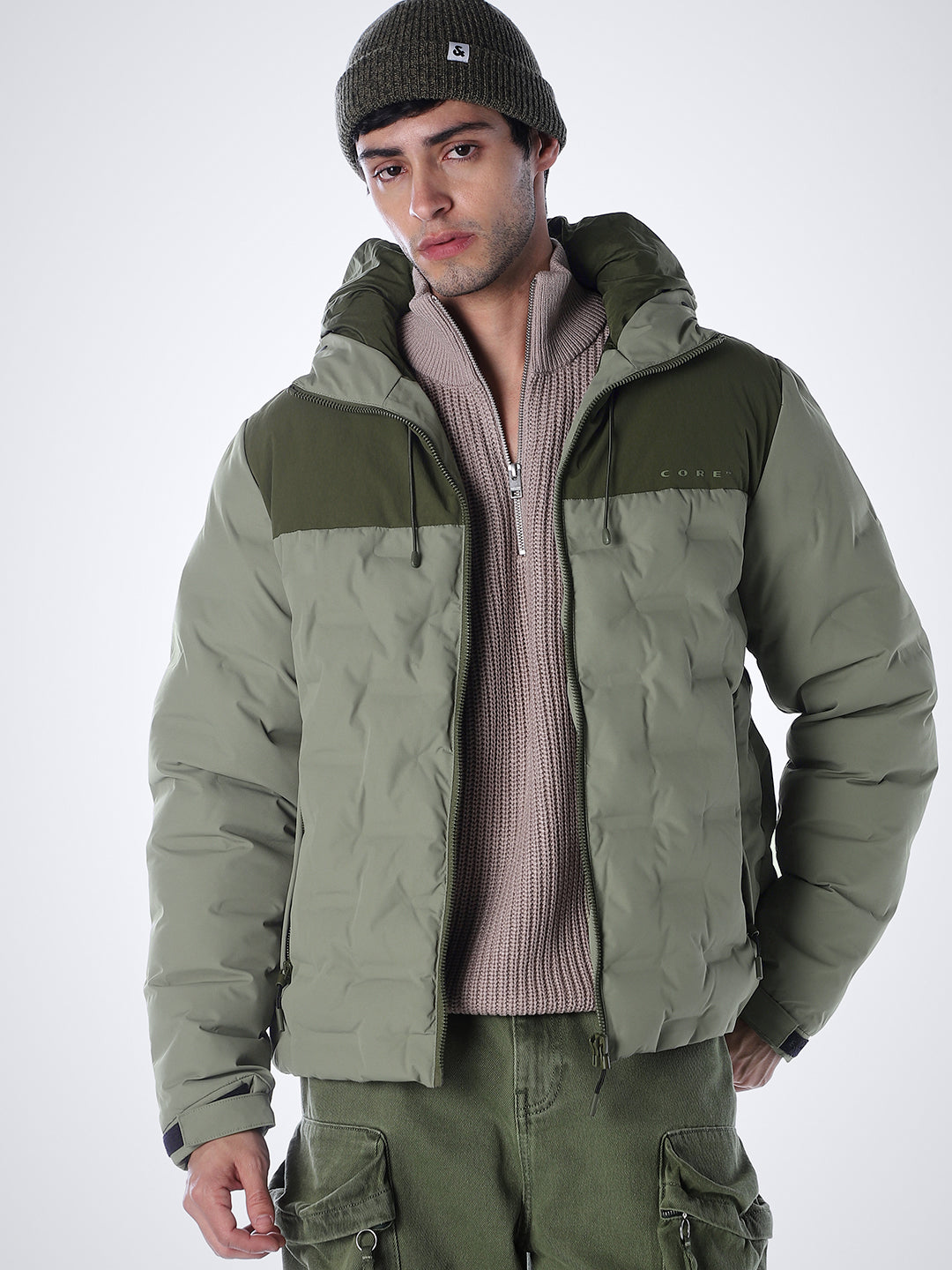 High Neck Quilted Puffer Jacket - Green - S