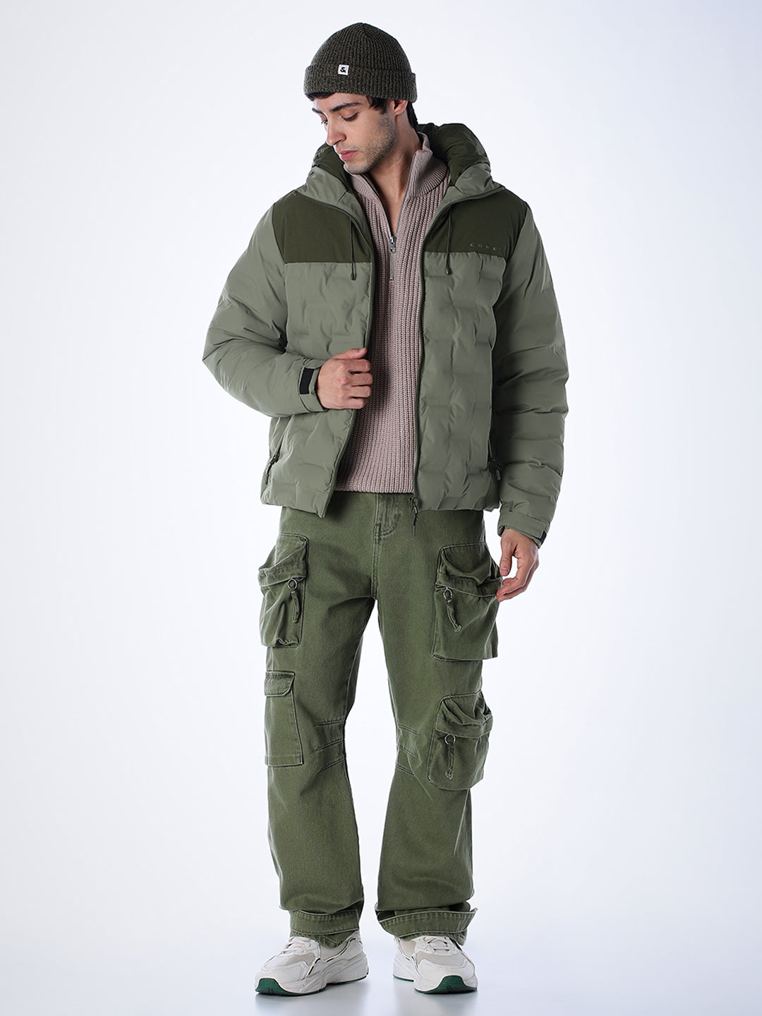 High Neck Quilted Puffer Jacket - Green