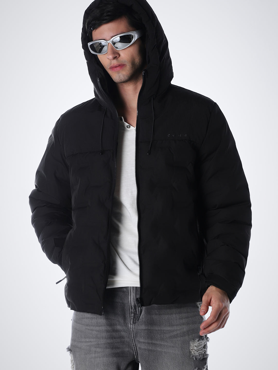 High Neck Quilted Puffer Jacket - Black - XXL