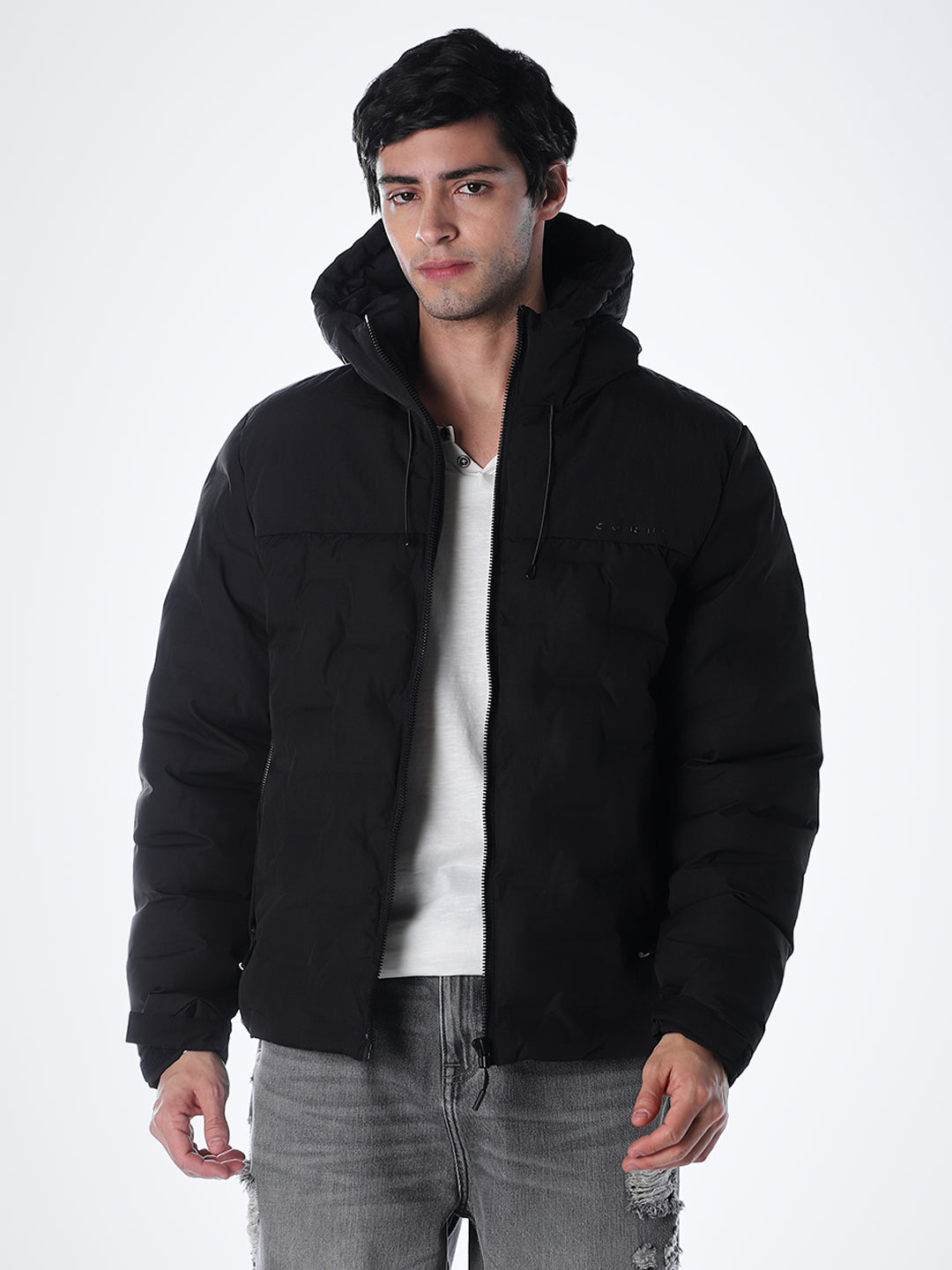 High Neck Quilted Puffer Jacket - Black