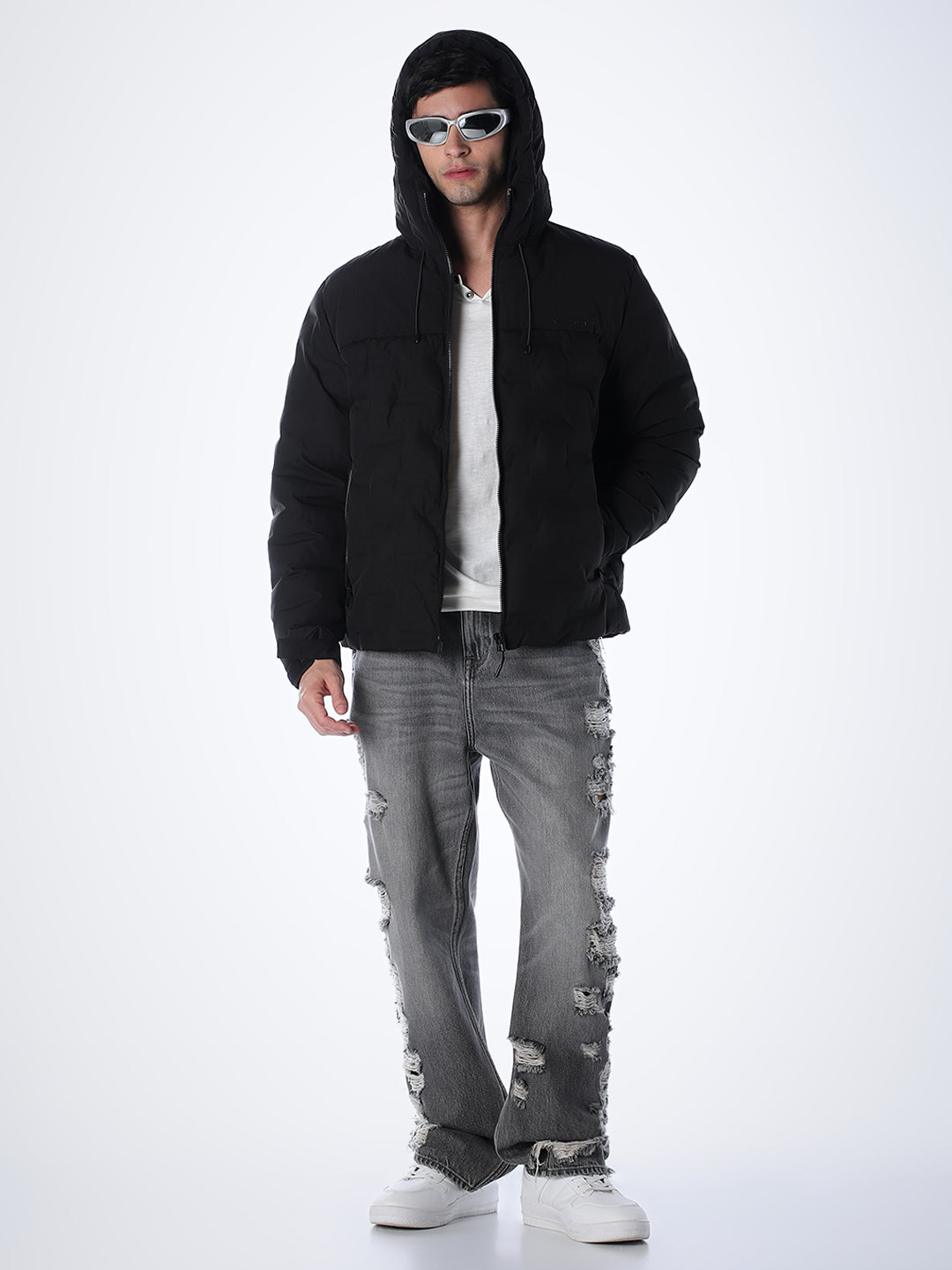High Neck Quilted Puffer Jacket - Black
