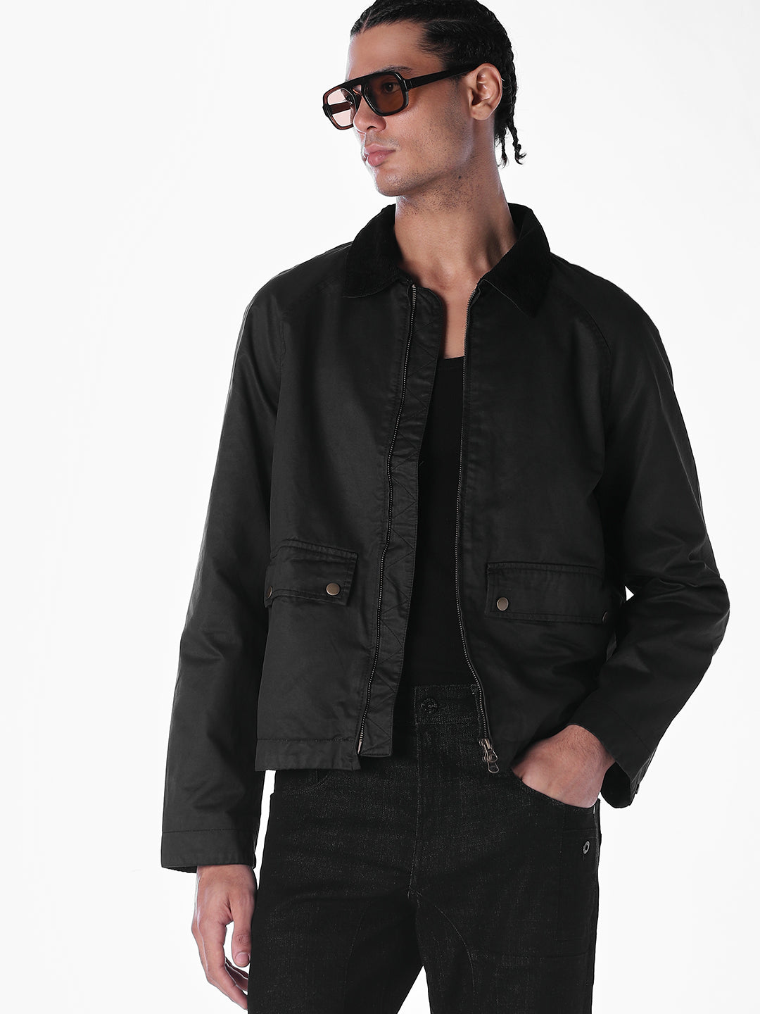 Men's Black Waxed Zip-Front Jacket With Flap Pockets